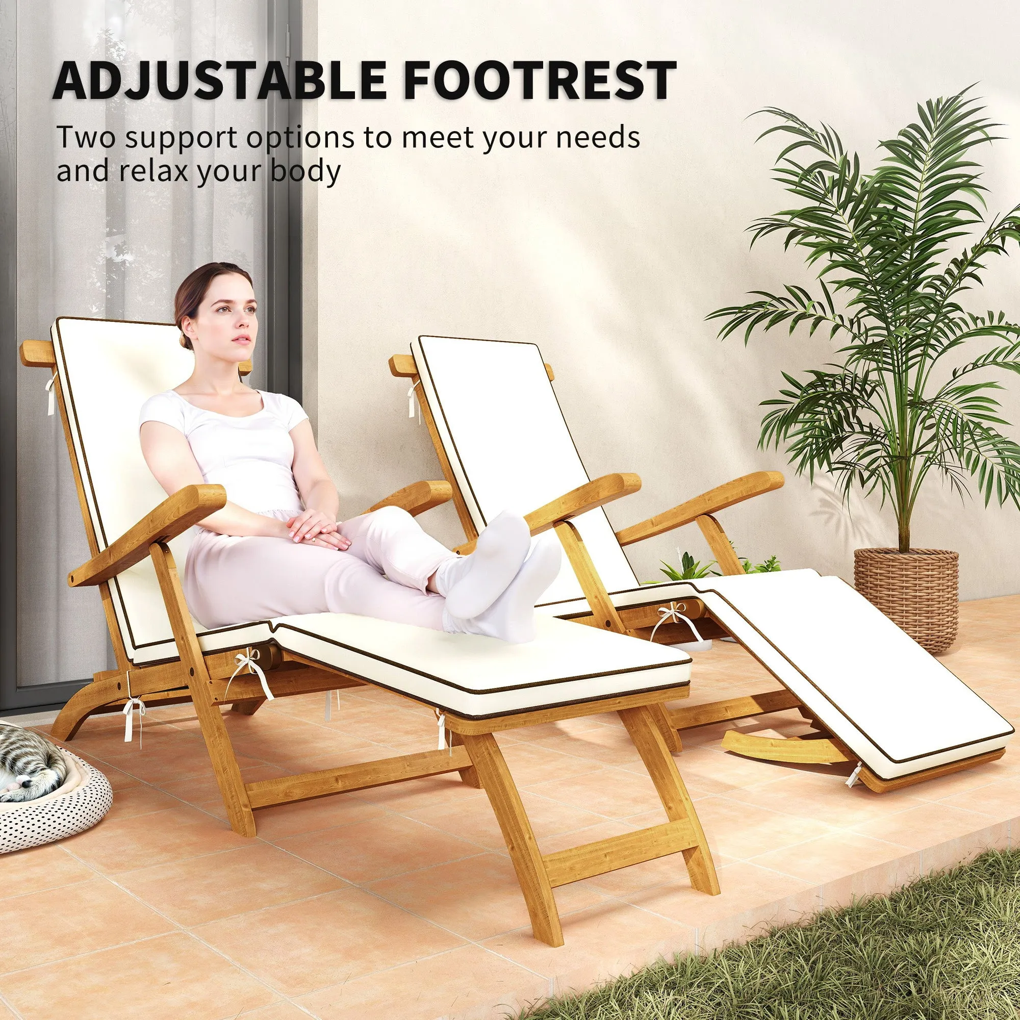 Outdoor Lounge Chair, Acacia Wood Folding Chaise Lounge Chair Recliner with Adjustable Footrest, Padded Cushion, Recline Back and Armrests for Patio Garden, White