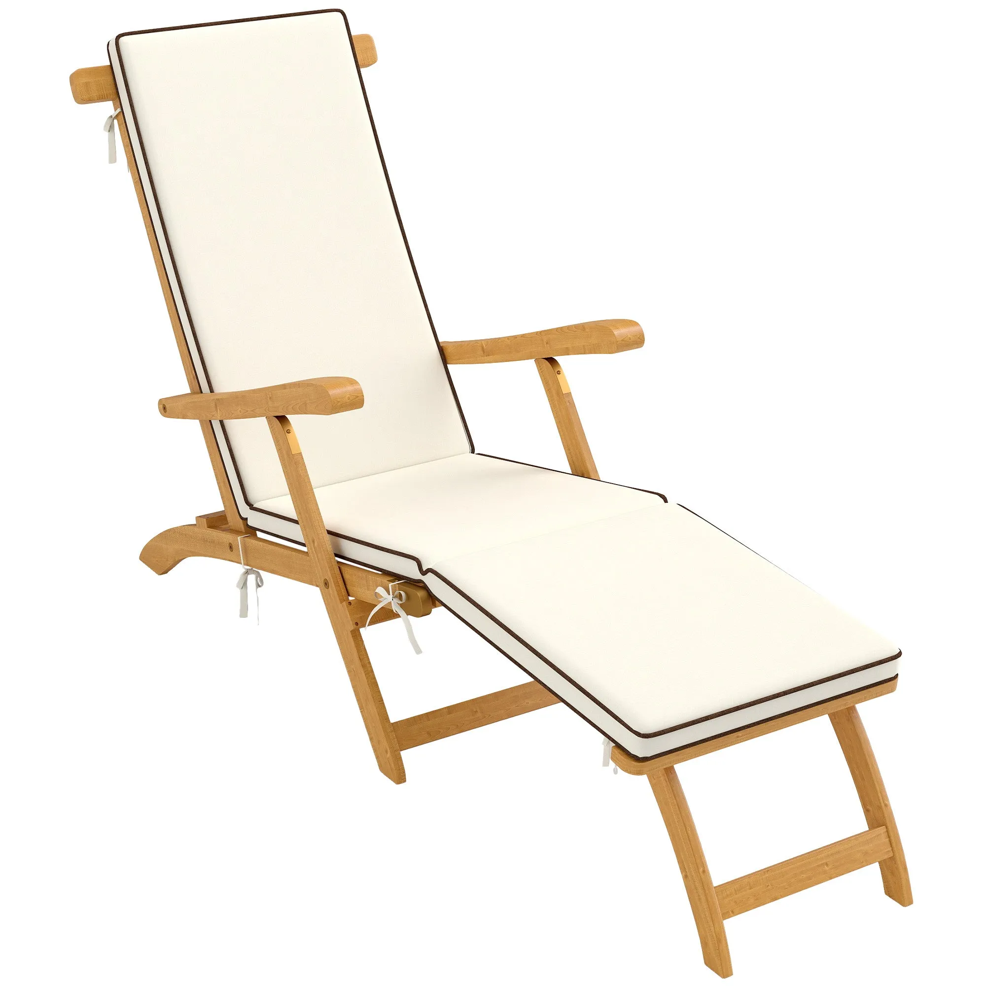 Outdoor Lounge Chair, Acacia Wood Folding Chaise Lounge Chair Recliner with Adjustable Footrest, Padded Cushion, Recline Back and Armrests for Patio Garden, White