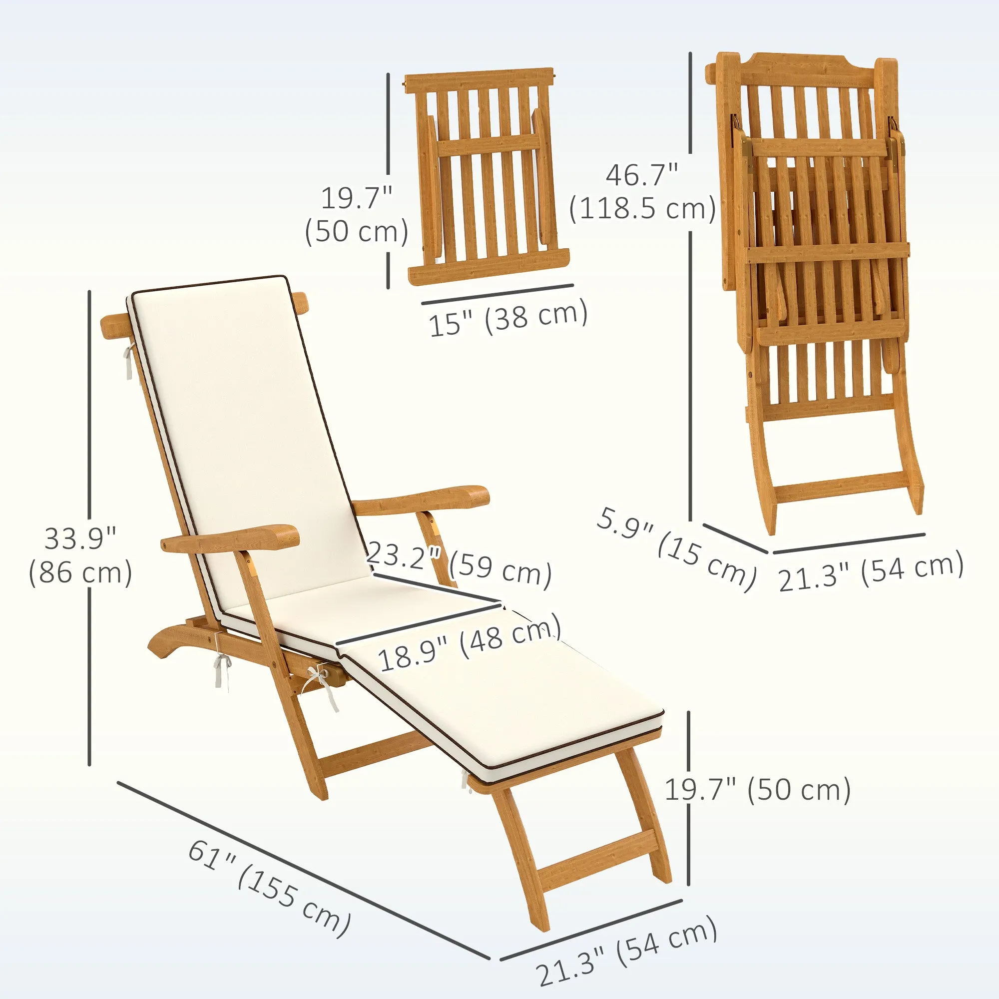 Outdoor Lounge Chair, Acacia Wood Folding Chaise Lounge Chair Recliner with Adjustable Footrest, Padded Cushion, Recline Back and Armrests for Patio Garden, White