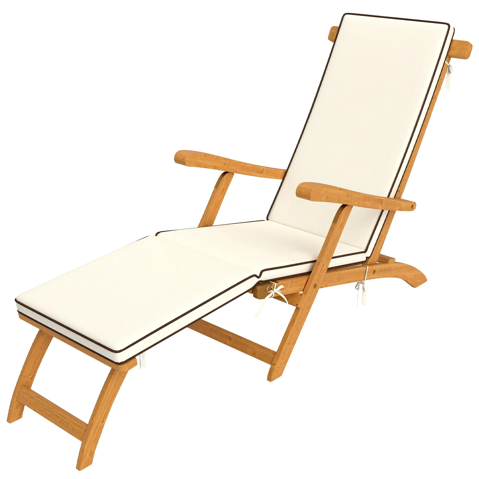 Outdoor Lounge Chair, Acacia Wood Folding Chaise Lounge Chair Recliner with Adjustable Footrest, Padded Cushion, Recline Back and Armrests for Patio Garden, White