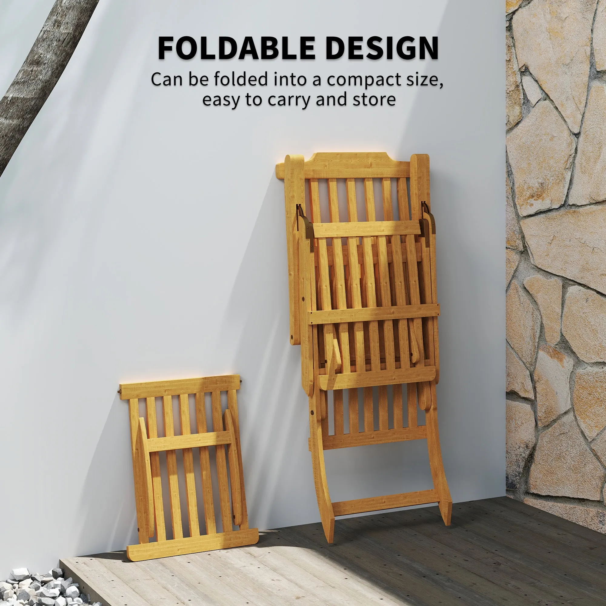 Outdoor Lounge Chair, Acacia Wood Folding Chaise Lounge Chair Recliner with Adjustable Footrest, Padded Cushion, Recline Back and Armrests for Patio Garden, White