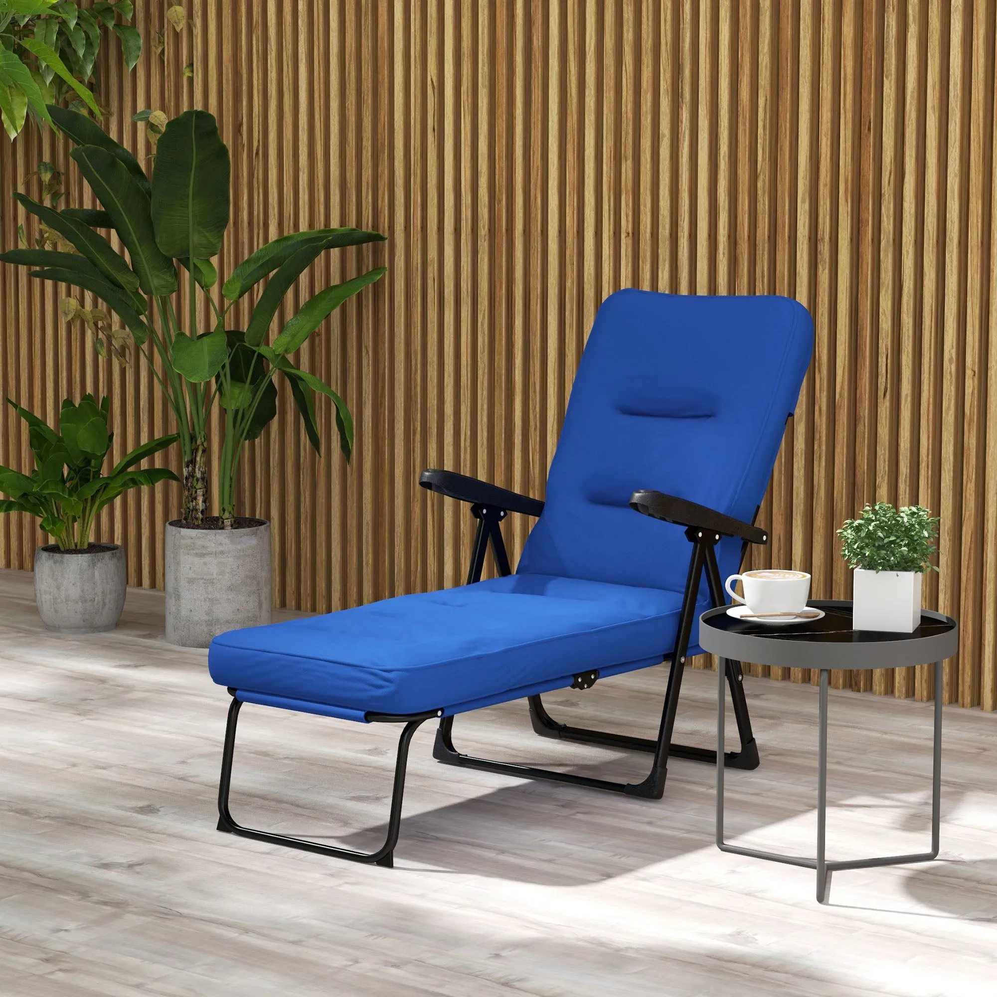 Outdoor Lounge Chair with Padded Cushion, Folding Reclining Patio Garden Chair with Recline Back, Footrest, for Poolside, Patio, Blue