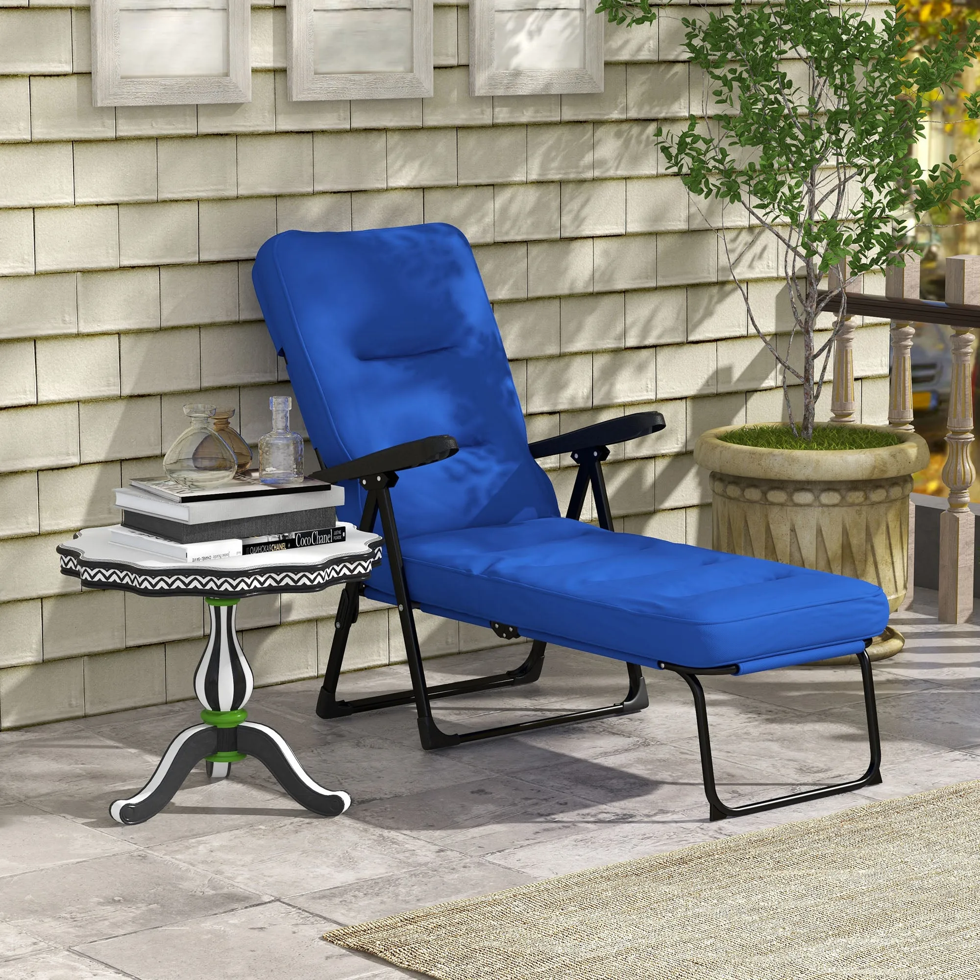 Outdoor Lounge Chair with Padded Cushion, Folding Reclining Patio Garden Chair with Recline Back, Footrest, for Poolside, Patio, Blue