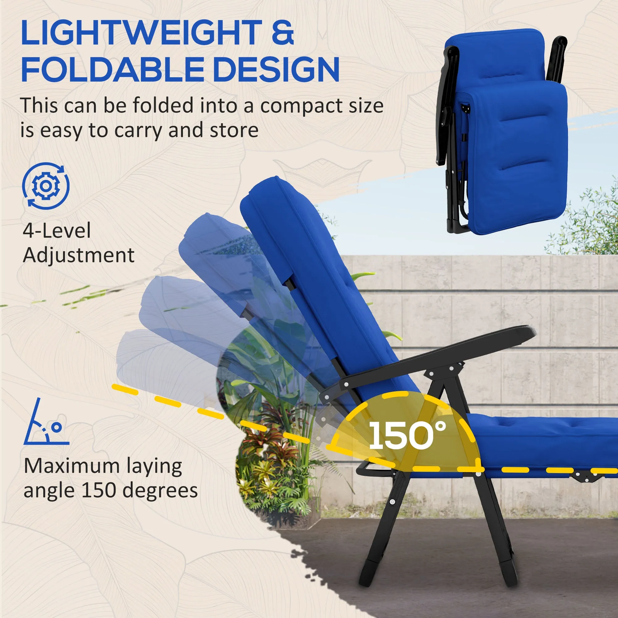 Outdoor Lounge Chair with Padded Cushion, Folding Reclining Patio Garden Chair with Recline Back, Footrest, for Poolside, Patio, Blue