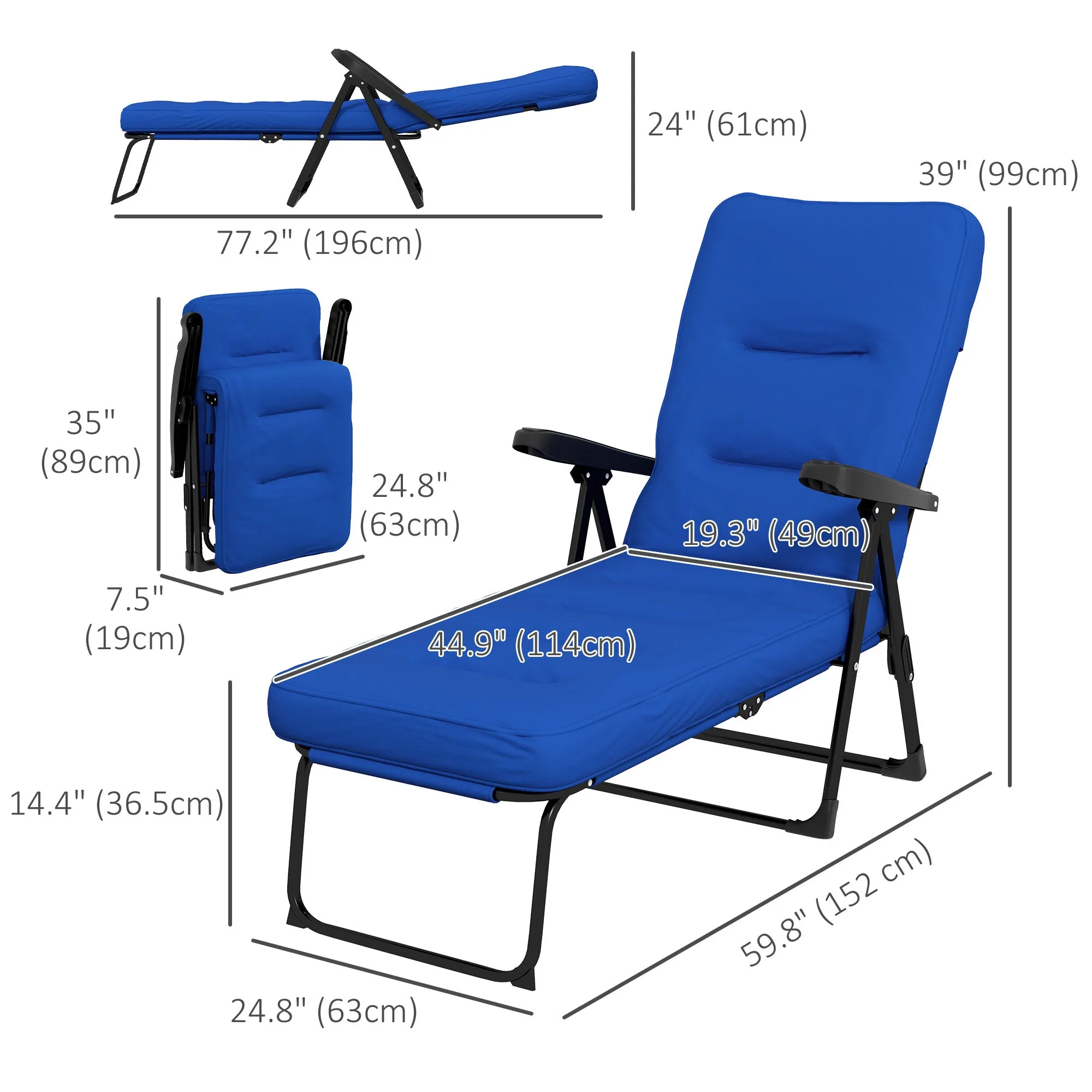 Outdoor Lounge Chair with Padded Cushion, Folding Reclining Patio Garden Chair with Recline Back, Footrest, for Poolside, Patio, Blue