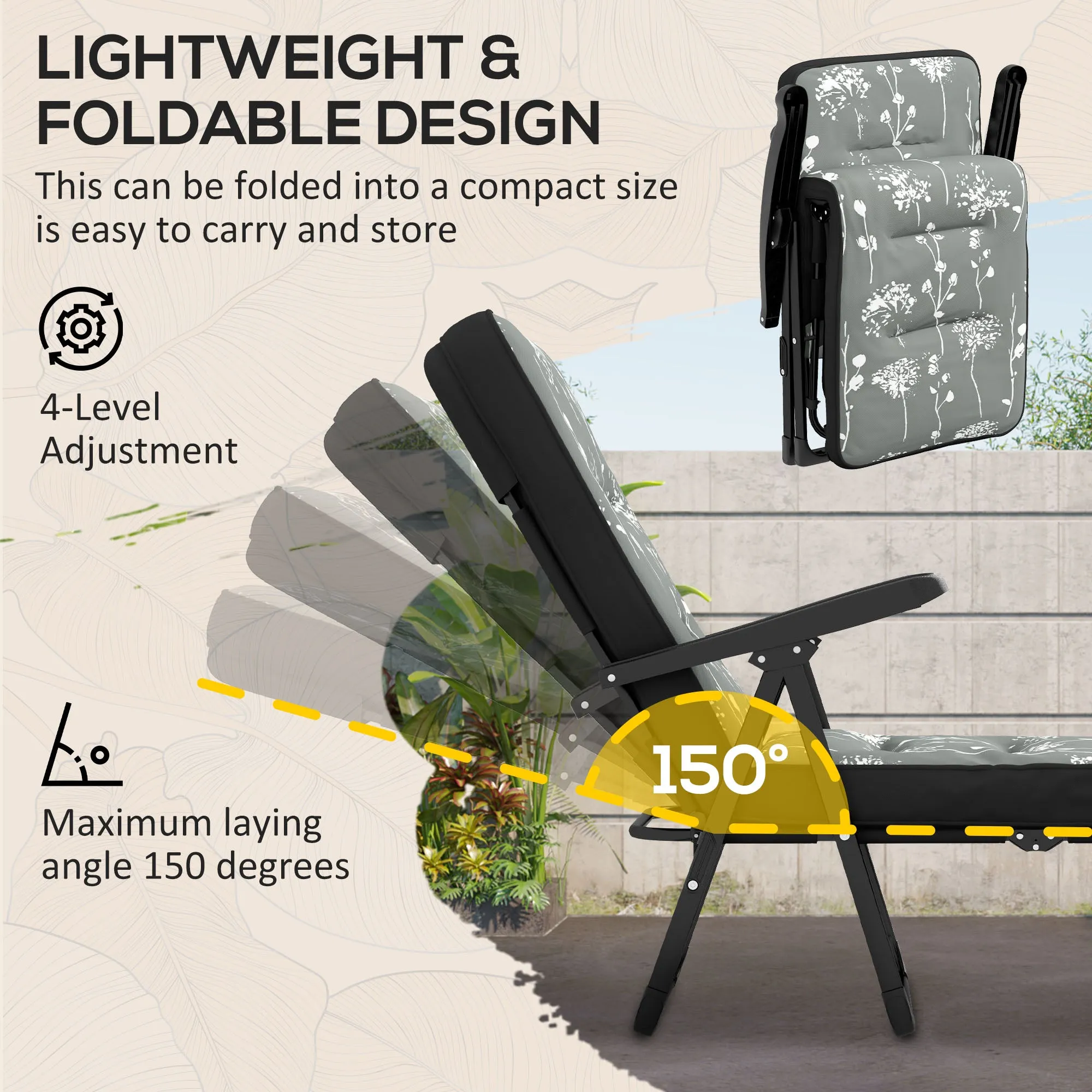 Outdoor Lounge Chair with Padded Cushion, Folding Reclining Patio Garden Chair with Recline Back, Footrest, for Poolside, Patio, Grey