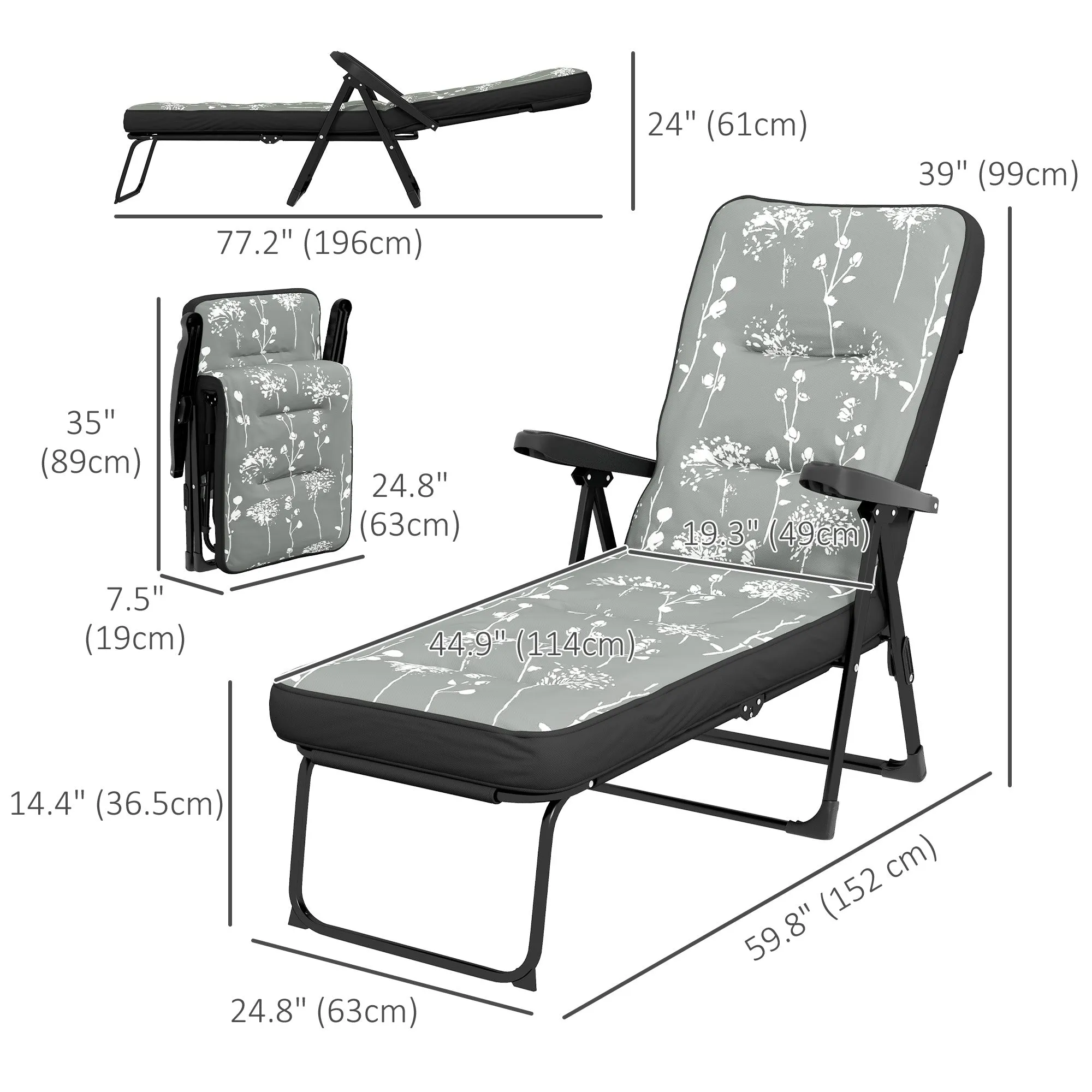 Outdoor Lounge Chair with Padded Cushion, Folding Reclining Patio Garden Chair with Recline Back, Footrest, for Poolside, Patio, Grey
