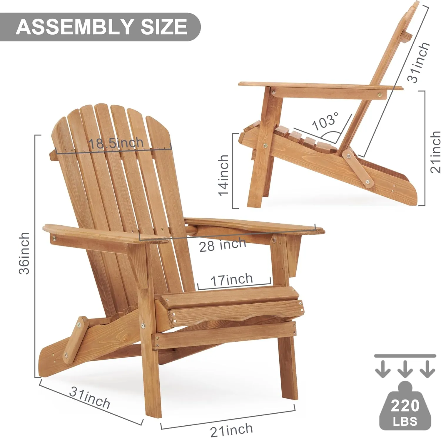 Outdoor Wooden Folding Adirondack Chair Set of 4 with Pre-Assembled BackRest, Wood Patio Chair for Garden Backyard Porch Pool Deck Firepit