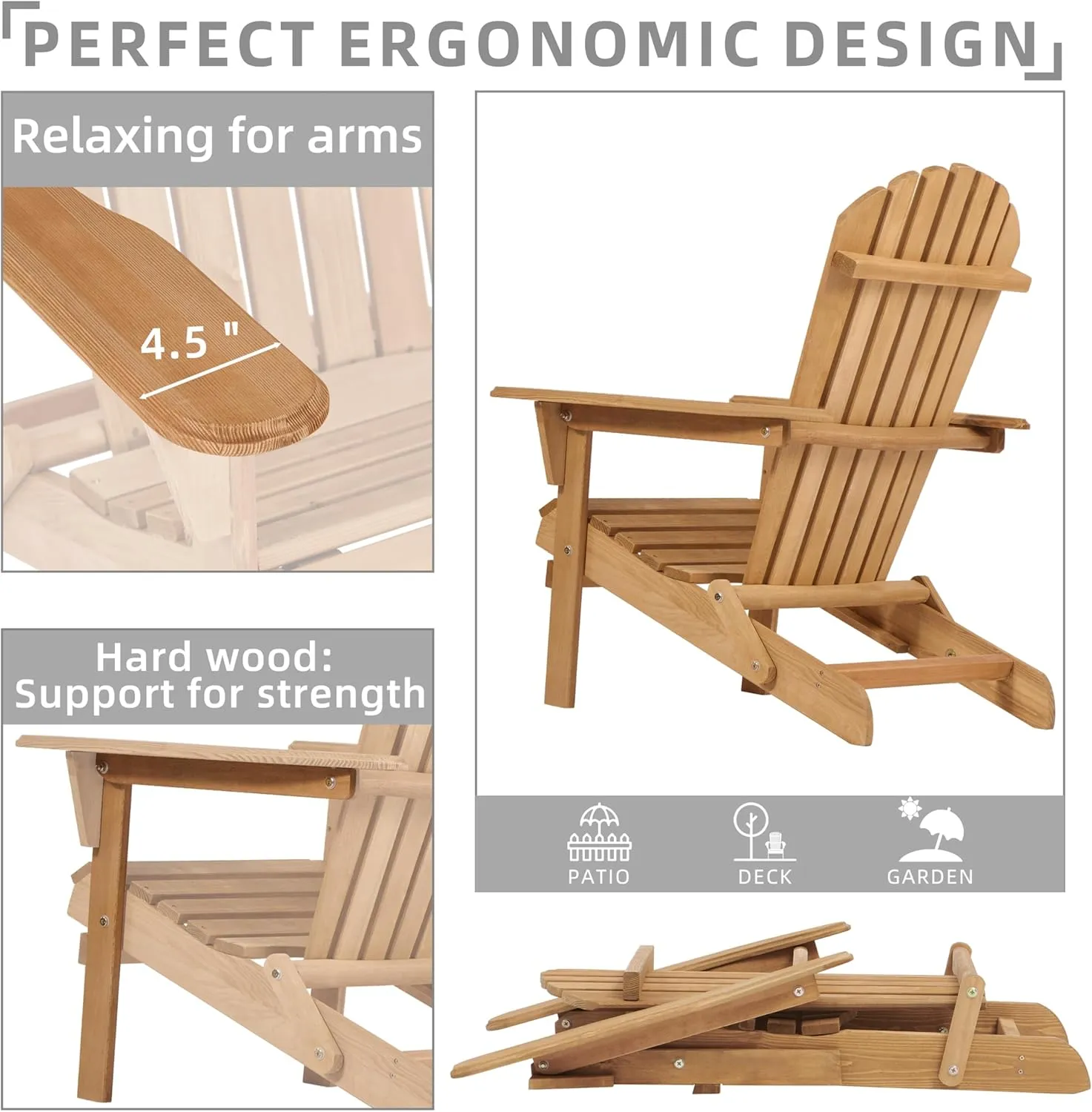 Outdoor Wooden Folding Adirondack Chair Set of 4 with Pre-Assembled BackRest, Wood Patio Chair for Garden Backyard Porch Pool Deck Firepit