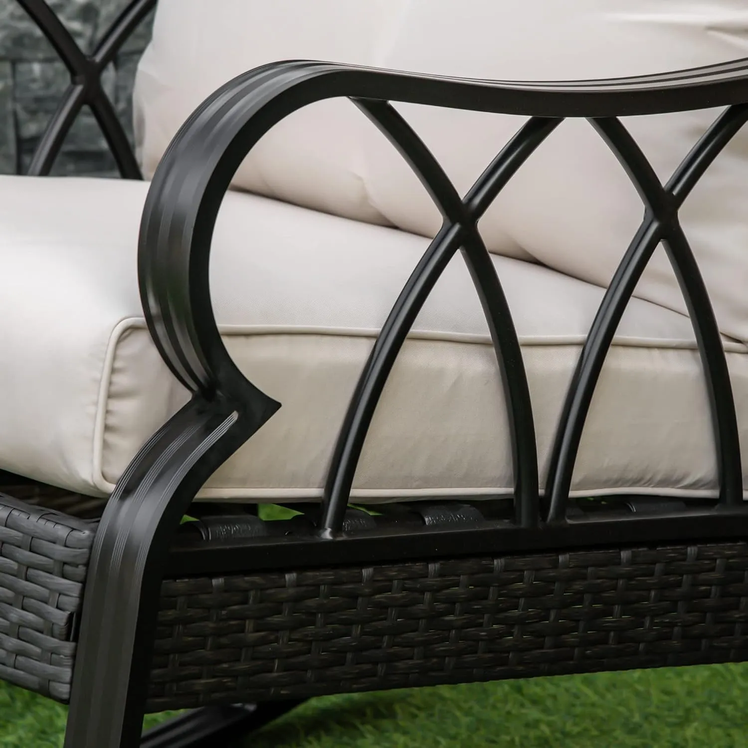 Outsunny Outdoor Wicker Rocking Chair with Padded Cushions, Aluminum Furniture Rattan Porch Rocker Chair w/Armrest for Garden, Patio, and Backyard, Khaki