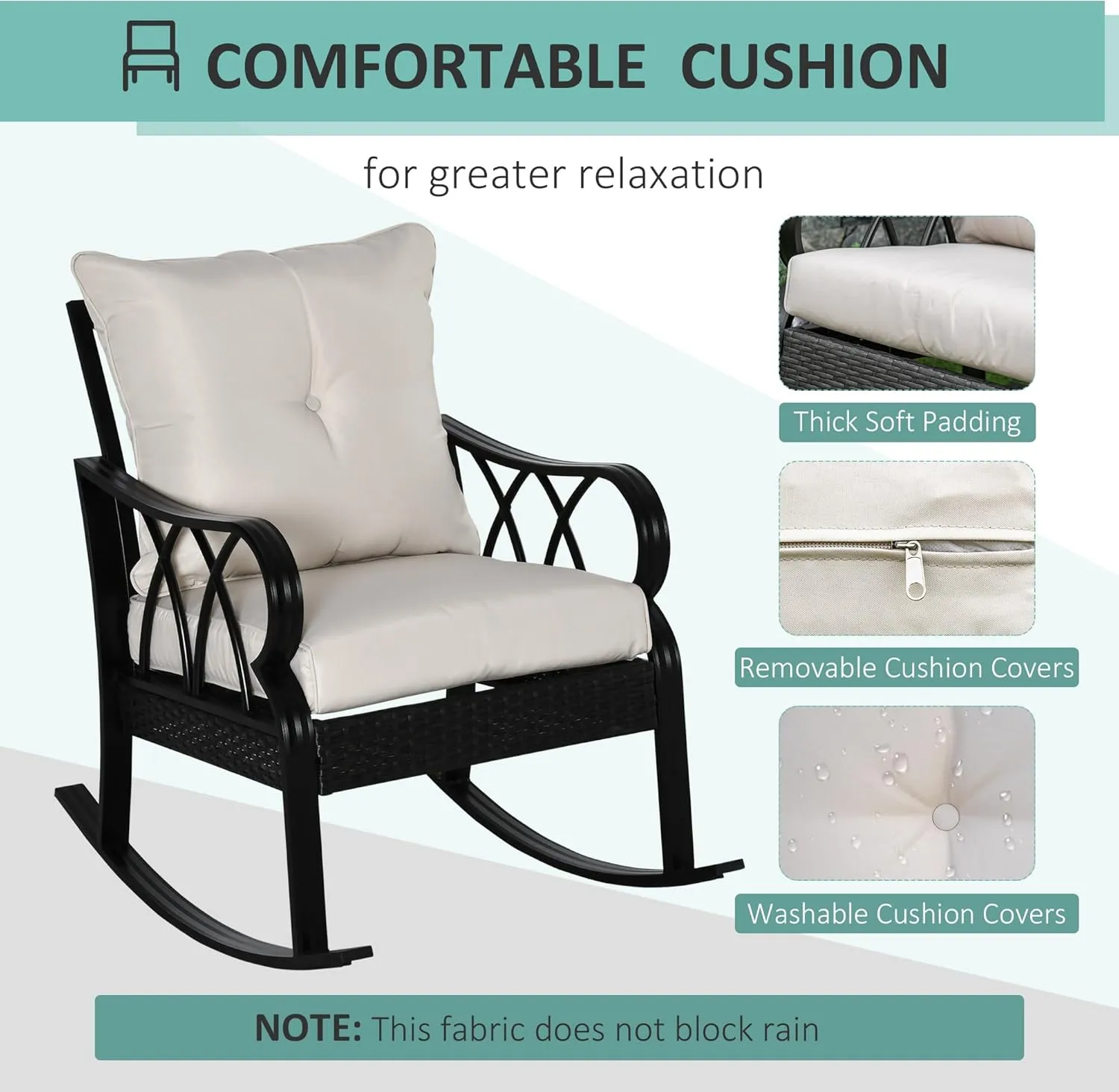 Outsunny Outdoor Wicker Rocking Chair with Padded Cushions, Aluminum Furniture Rattan Porch Rocker Chair w/Armrest for Garden, Patio, and Backyard, Khaki