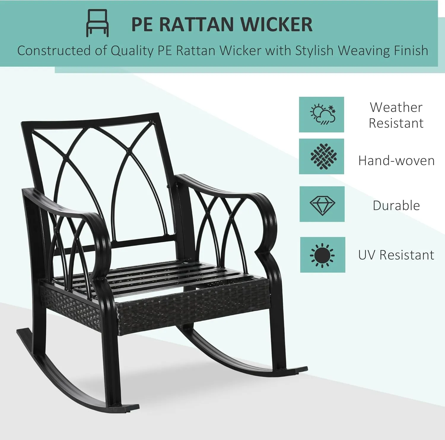 Outsunny Outdoor Wicker Rocking Chair with Padded Cushions, Aluminum Furniture Rattan Porch Rocker Chair w/Armrest for Garden, Patio, and Backyard, Khaki