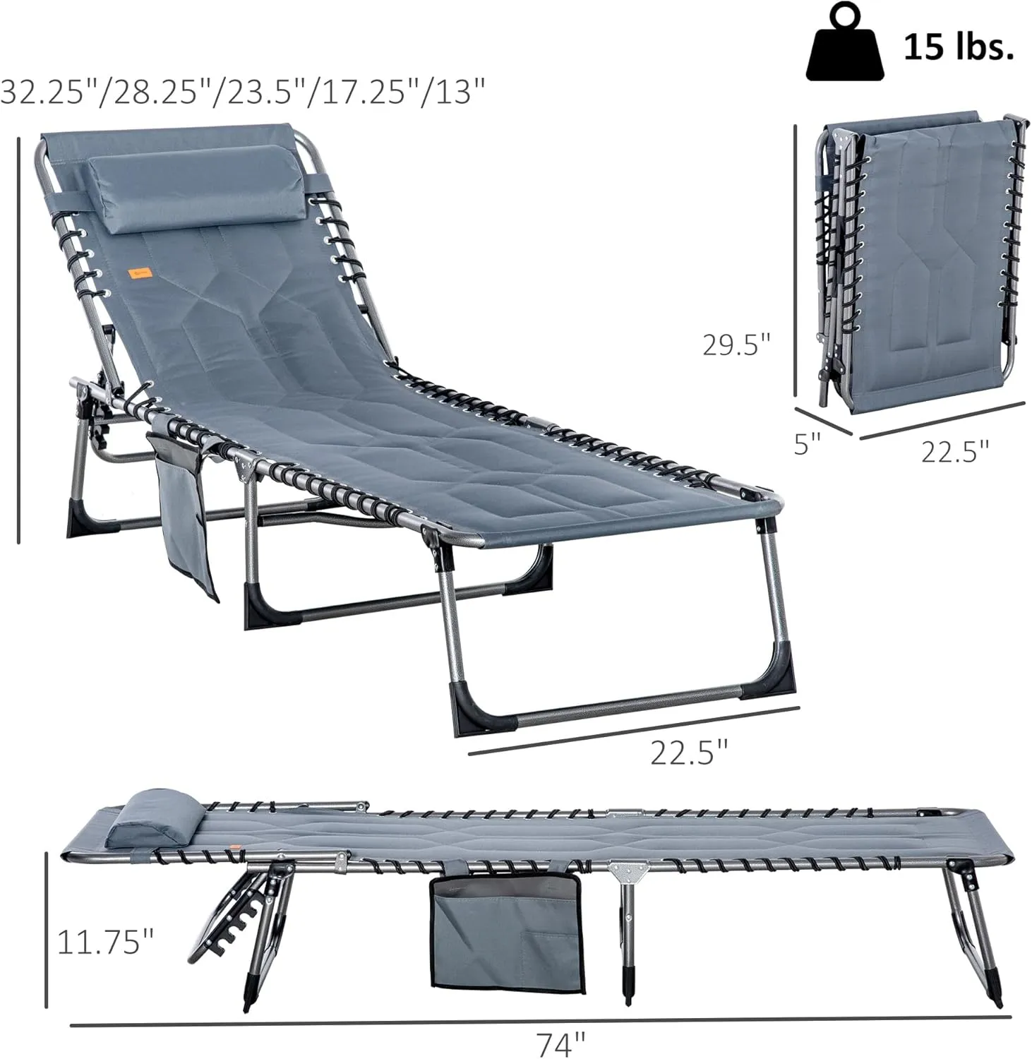 Outsunny Padded Folding Chaise Lounge Chair, Outdoor 6-Level Reclining Camping Tanning Chair with Headrest for Beach, Yard, Patio, Pool, Gray