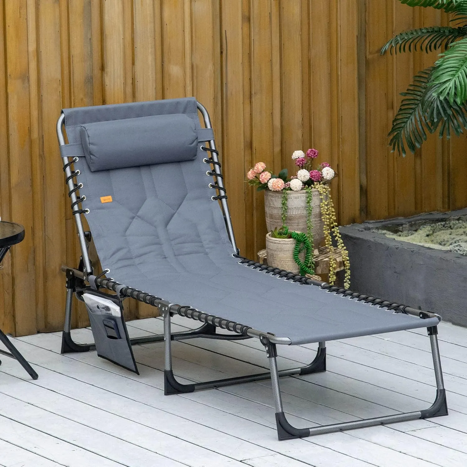 Outsunny Padded Folding Chaise Lounge Chair, Outdoor 6-Level Reclining Camping Tanning Chair with Headrest for Beach, Yard, Patio, Pool, Gray