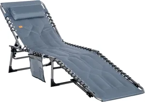 Outsunny Padded Folding Chaise Lounge Chair, Outdoor 6-Level Reclining Camping Tanning Chair with Headrest for Beach, Yard, Patio, Pool, Gray