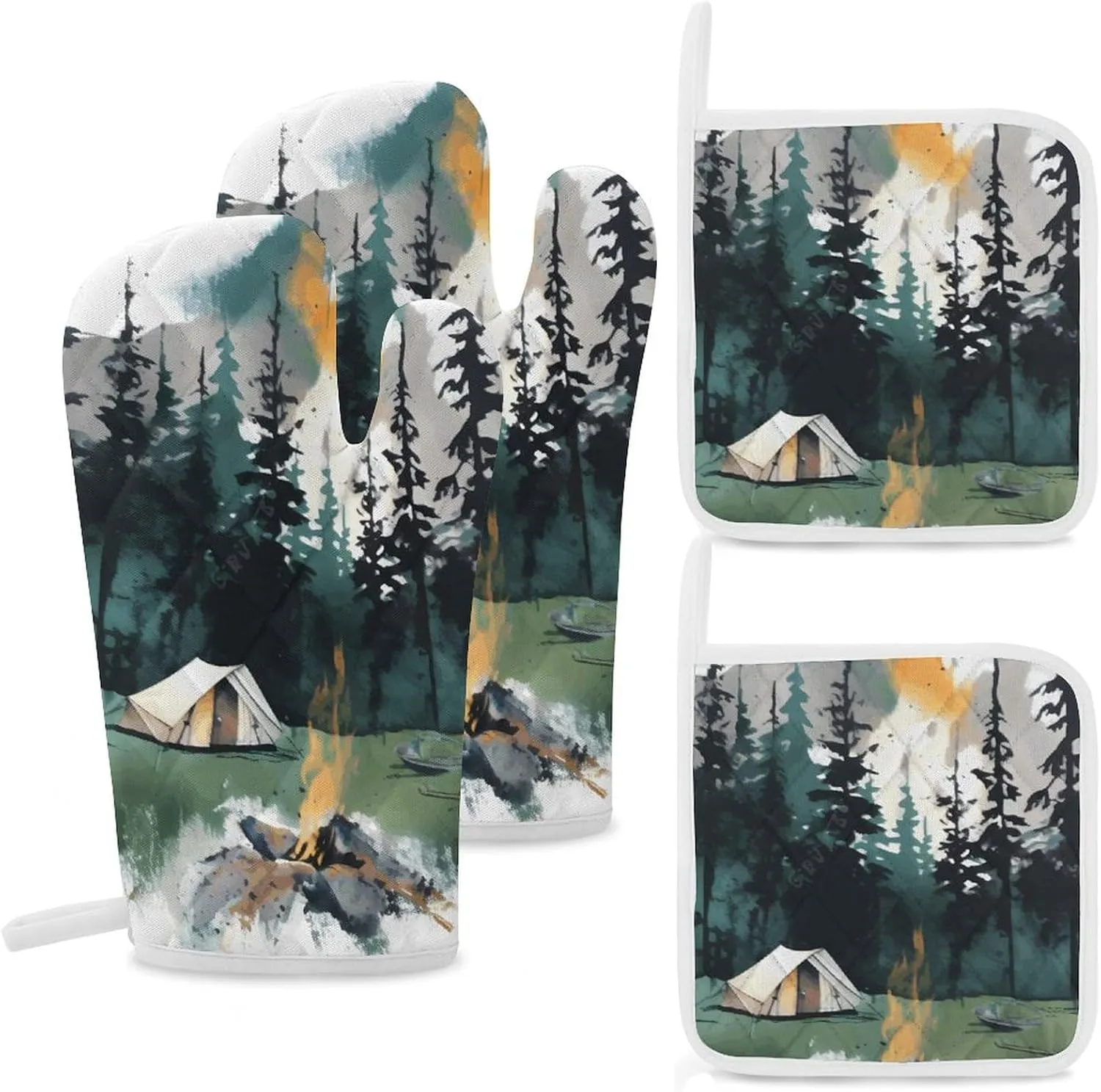 Oven Glove Wilderness Nature Camping Oven Mitts and Pot Holders Sets of 4 Heat Resistant Gloves BBQ Glove Non-Slip Cooking Gloves for Baking Grilling Kitchen Potholders Gloves