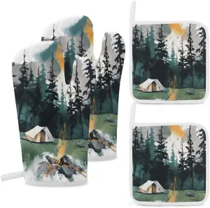 Oven Glove Wilderness Nature Camping Oven Mitts and Pot Holders Sets of 4 Heat Resistant Gloves BBQ Glove Non-Slip Cooking Gloves for Baking Grilling Kitchen Potholders Gloves