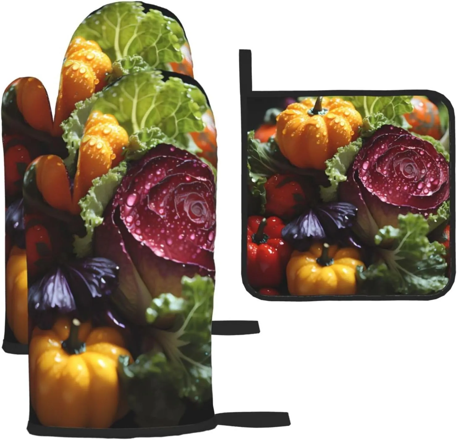 Oven Mitts and Pot Holders 3 Pieces Sets Barbecue Mitts High Heat Resistance Anti Slip for Baking Cooking Fresh Cabbage