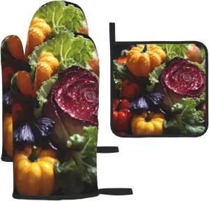 Oven Mitts and Pot Holders 3 Pieces Sets Barbecue Mitts High Heat Resistance Anti Slip for Baking Cooking Fresh Cabbage