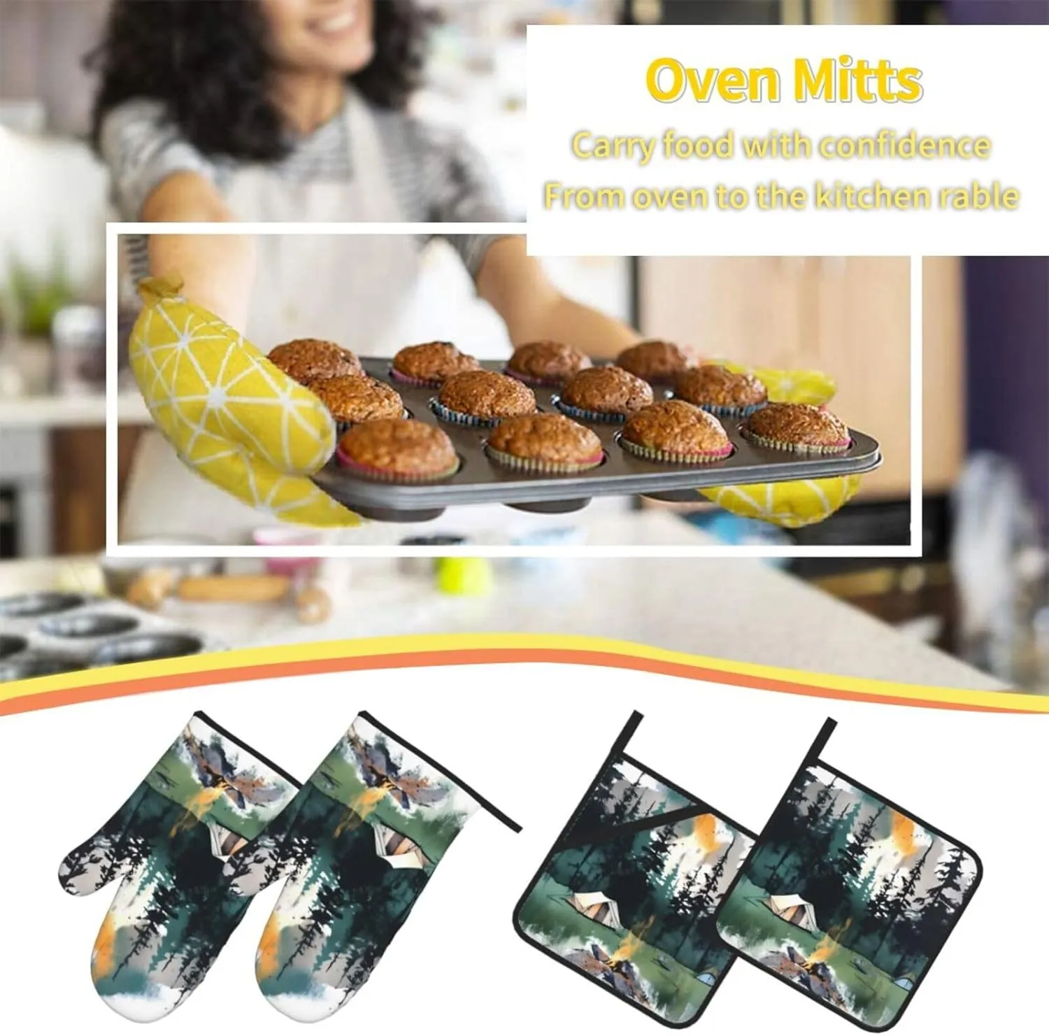Oven Mitts and Pot Holders 4 pcs Set Oven Glove for Cooking Wilderness Nature Camping Oven Mitt Heat Resistant Kitchen Oven Gloves and Hot Pads Non-Slip Cooking Gloves for Baking Kitchen Hot Pads