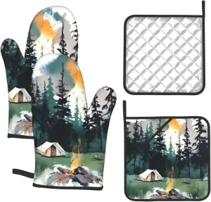 Oven Mitts and Pot Holders 4 pcs Set Oven Glove for Cooking Wilderness Nature Camping Oven Mitt Heat Resistant Kitchen Oven Gloves and Hot Pads Non-Slip Cooking Gloves for Baking Kitchen Hot Pads