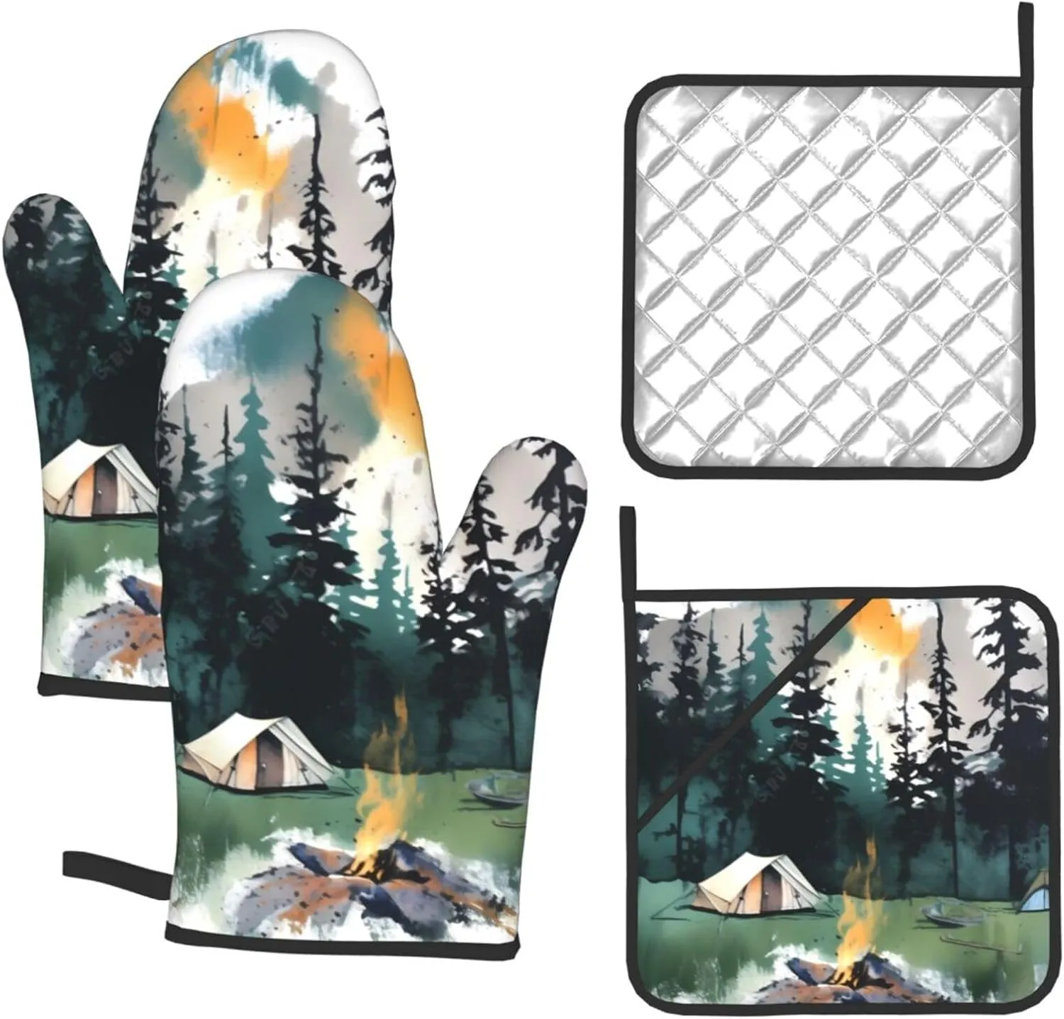 Oven Mitts and Pot Holders 4 pcs Set Oven Glove for Cooking Wilderness Nature Camping Oven Mitt Heat Resistant Kitchen Oven Gloves and Hot Pads Non-Slip Cooking Gloves for Baking Kitchen Hot Pads