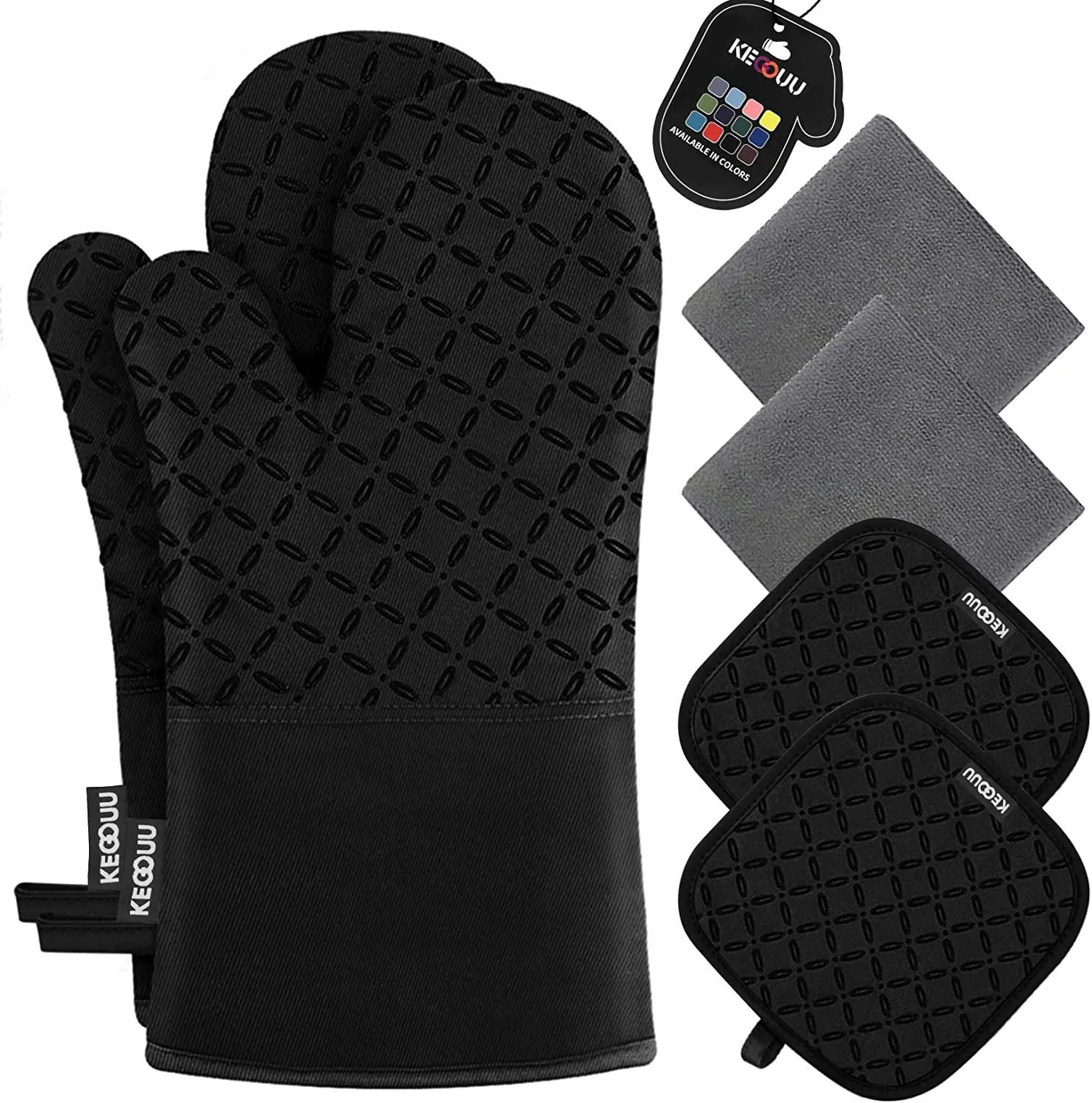 Oven Mitts and Pot Holders 6pcs Set, Kitchen Oven Glove High Heat Resistant 500 Degree Extra Long Oven Mitts and Potholder with Non-Slip Silicone Surface for Cooking (Grey)