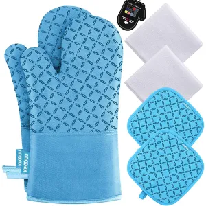 Oven Mitts and Pot Holders 6pcs Set, Kitchen Oven Glove High Heat Resistant 500 Degree Extra Long Oven Mitts and Potholder with Non-Slip Silicone Surface for Cooking (Grey)