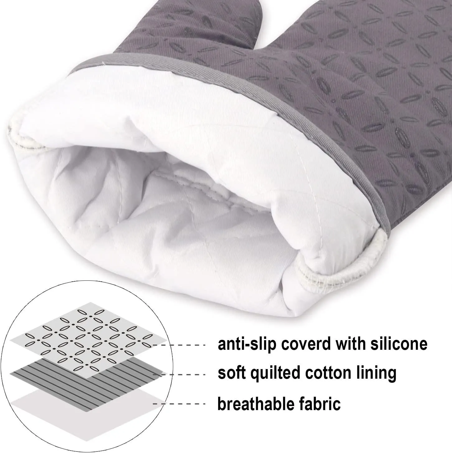 Oven Mitts and Pot Holders 6pcs Set, Kitchen Oven Glove High Heat Resistant 500 Degree Extra Long Oven Mitts and Potholder with Non-Slip Silicone Surface for Cooking (Grey)
