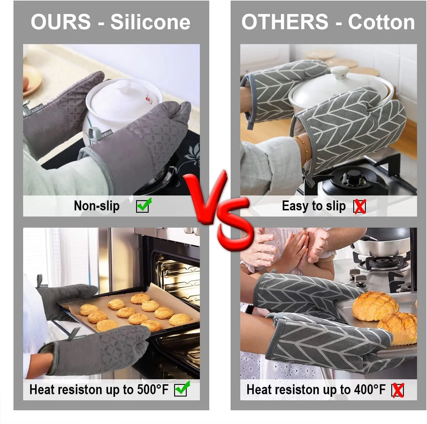Oven Mitts and Pot Holders 6pcs Set, Kitchen Oven Glove High Heat Resistant 500 Degree Extra Long Oven Mitts and Potholder with Non-Slip Silicone Surface for Cooking (Grey)