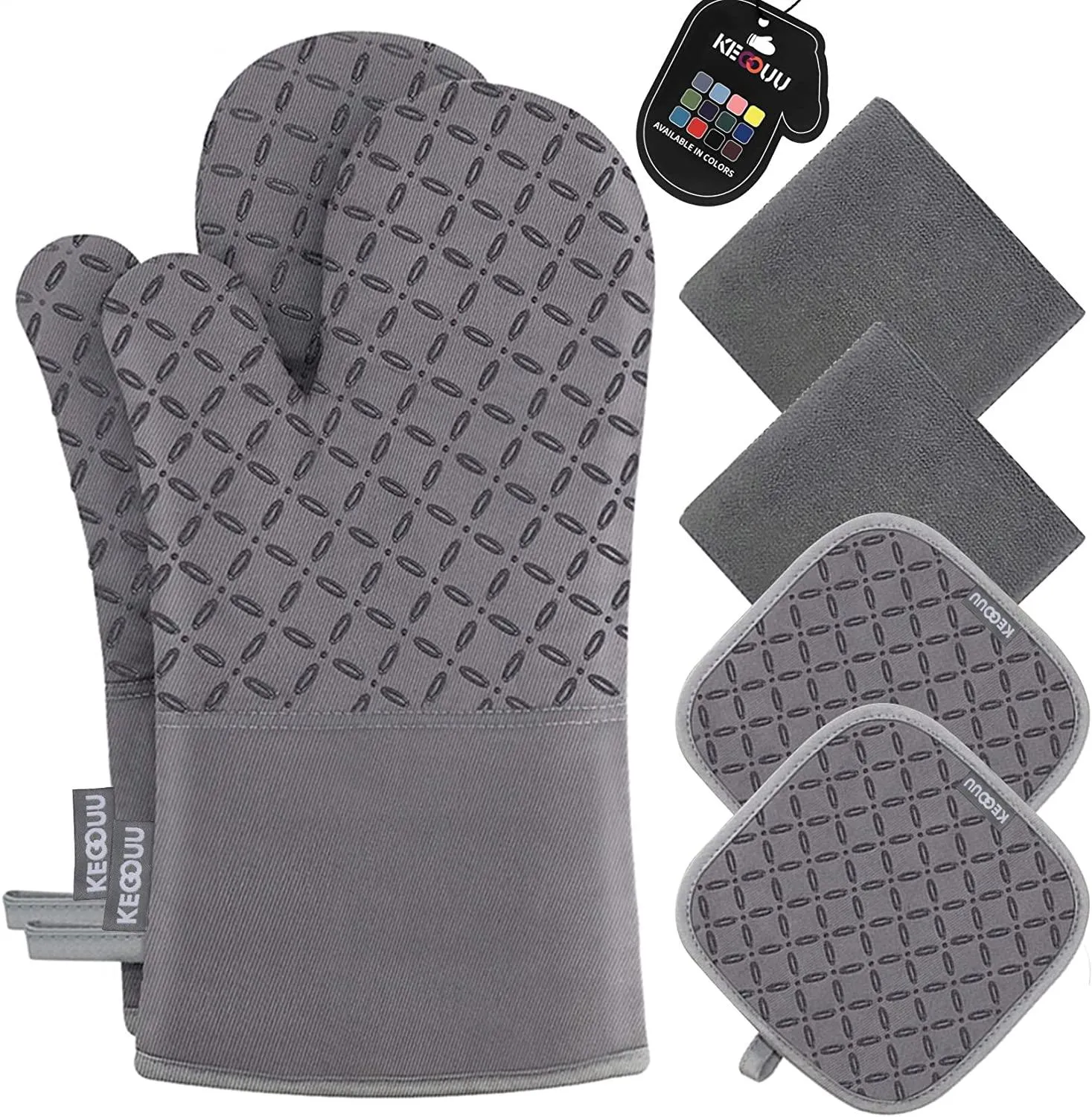 Oven Mitts and Pot Holders 6pcs Set, Kitchen Oven Glove High Heat Resistant 500 Degree Extra Long Oven Mitts and Potholder with Non-Slip Silicone Surface for Cooking (Grey)
