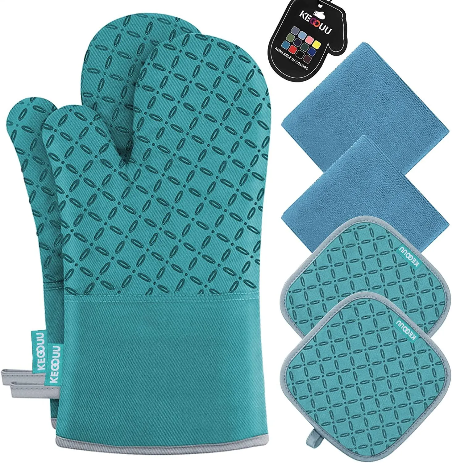 Oven Mitts and Pot Holders 6pcs Set, Kitchen Oven Glove High Heat Resistant 500 Degree Extra Long Oven Mitts and Potholder with Non-Slip Silicone Surface for Cooking (Grey)