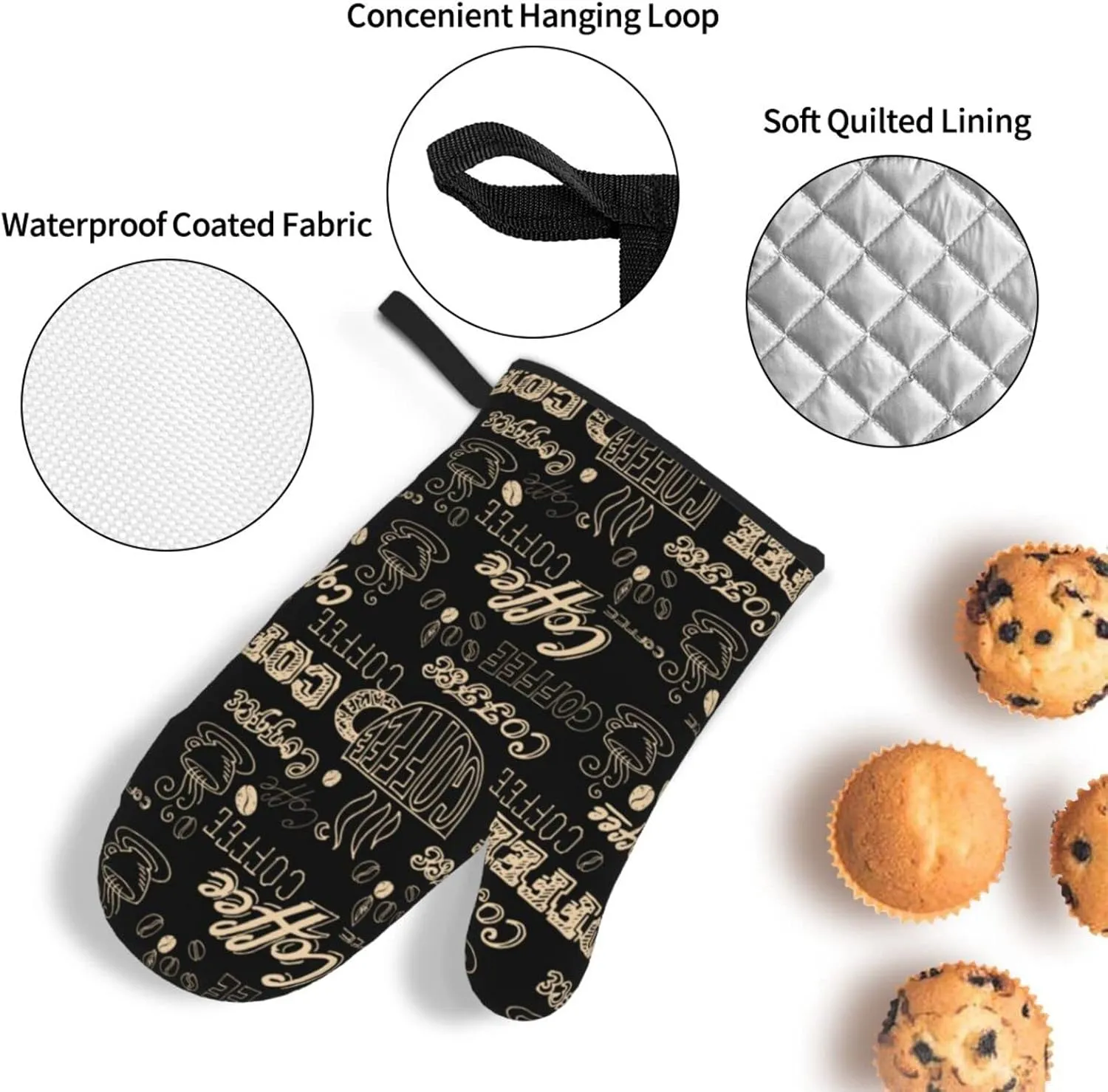 Oven Mitts and Pot Holders Sets of 4 Coffee Theme Black Kitchen Potholder Gloves Heat Resistant Non-Slip for Chef Baking Cooking Grilling BBQ Mittens
