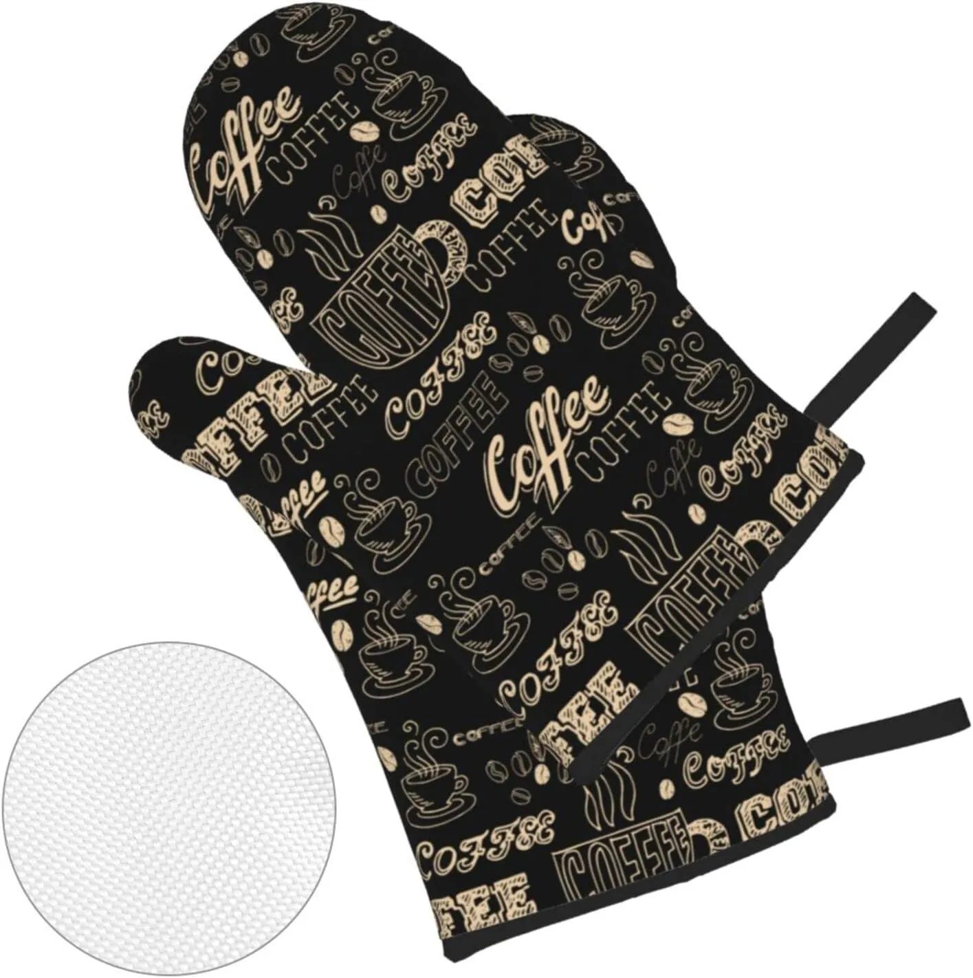 Oven Mitts and Pot Holders Sets of 4 Coffee Theme Black Kitchen Potholder Gloves Heat Resistant Non-Slip for Chef Baking Cooking Grilling BBQ Mittens