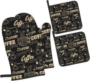 Oven Mitts and Pot Holders Sets of 4 Coffee Theme Black Kitchen Potholder Gloves Heat Resistant Non-Slip for Chef Baking Cooking Grilling BBQ Mittens