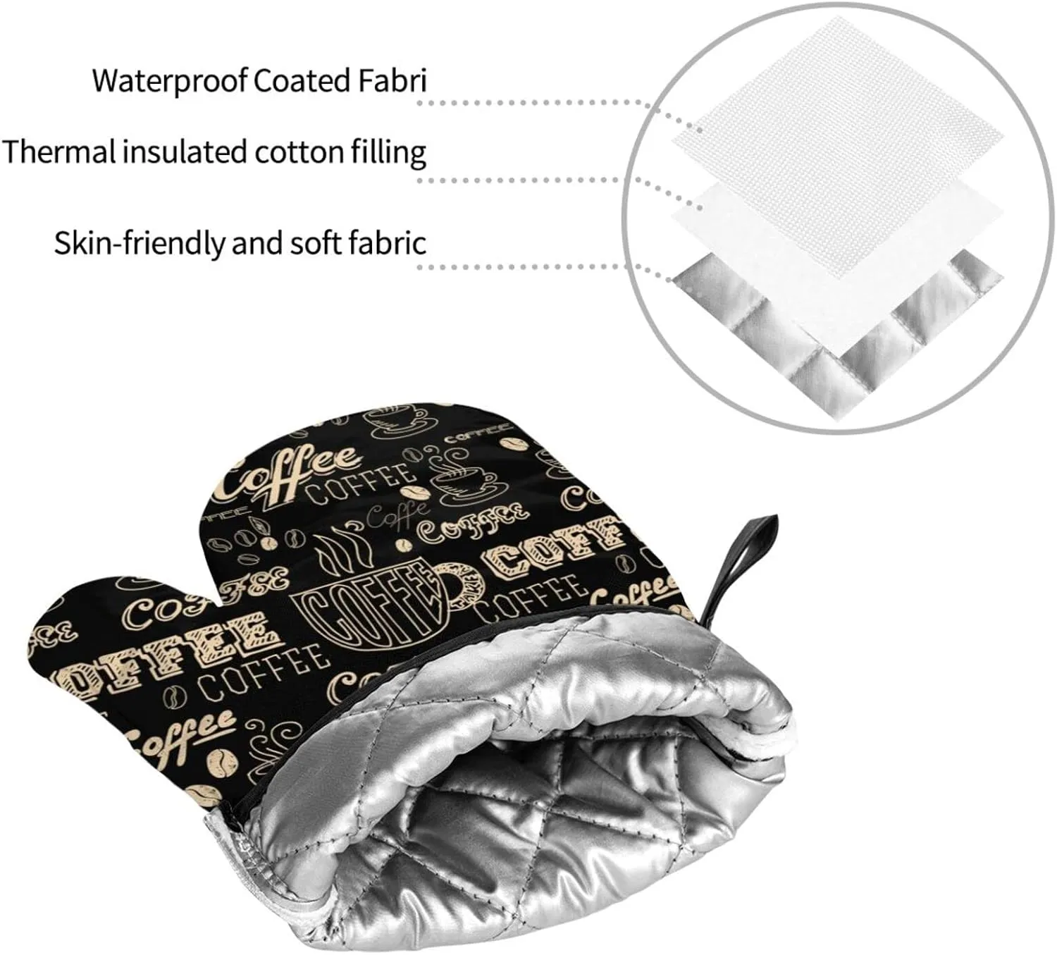 Oven Mitts and Pot Holders Sets of 4 Coffee Theme Black Kitchen Potholder Gloves Heat Resistant Non-Slip for Chef Baking Cooking Grilling BBQ Mittens
