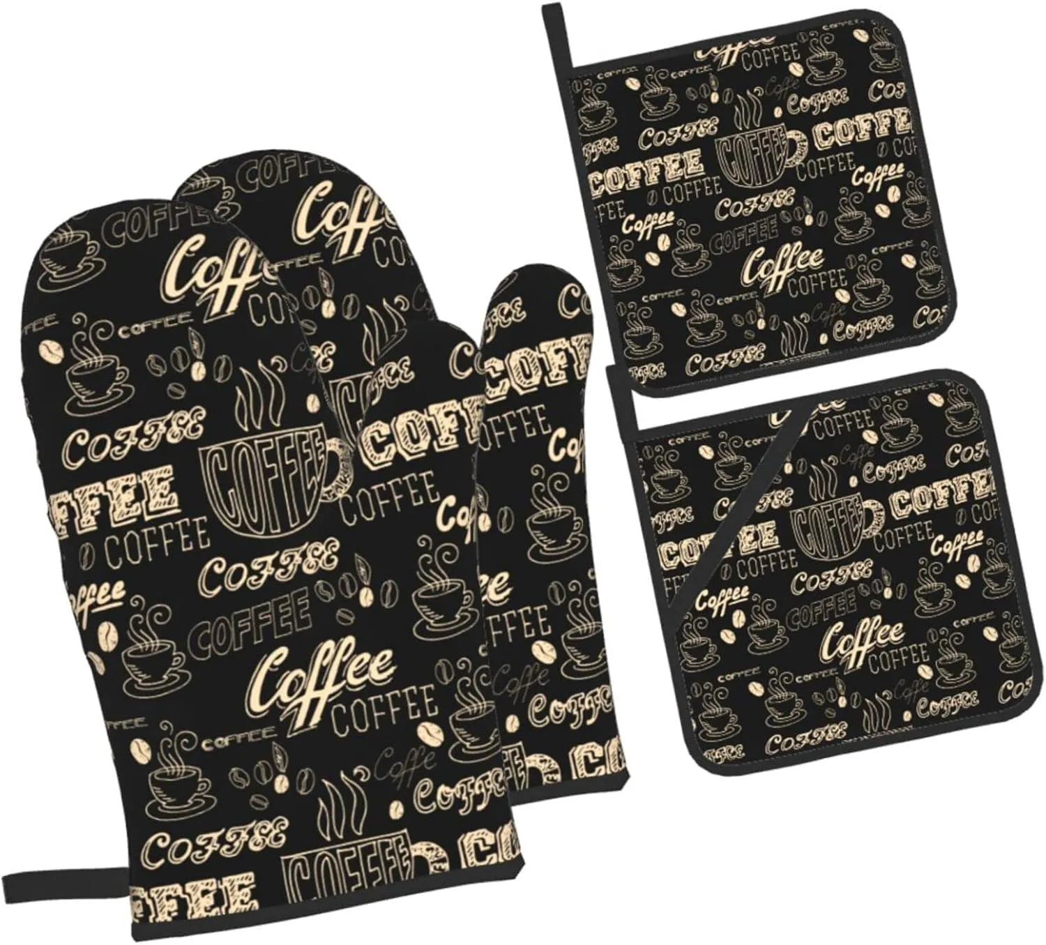Oven Mitts and Pot Holders Sets of 4 Coffee Theme Black Kitchen Potholder Gloves Heat Resistant Non-Slip for Chef Baking Cooking Grilling BBQ Mittens