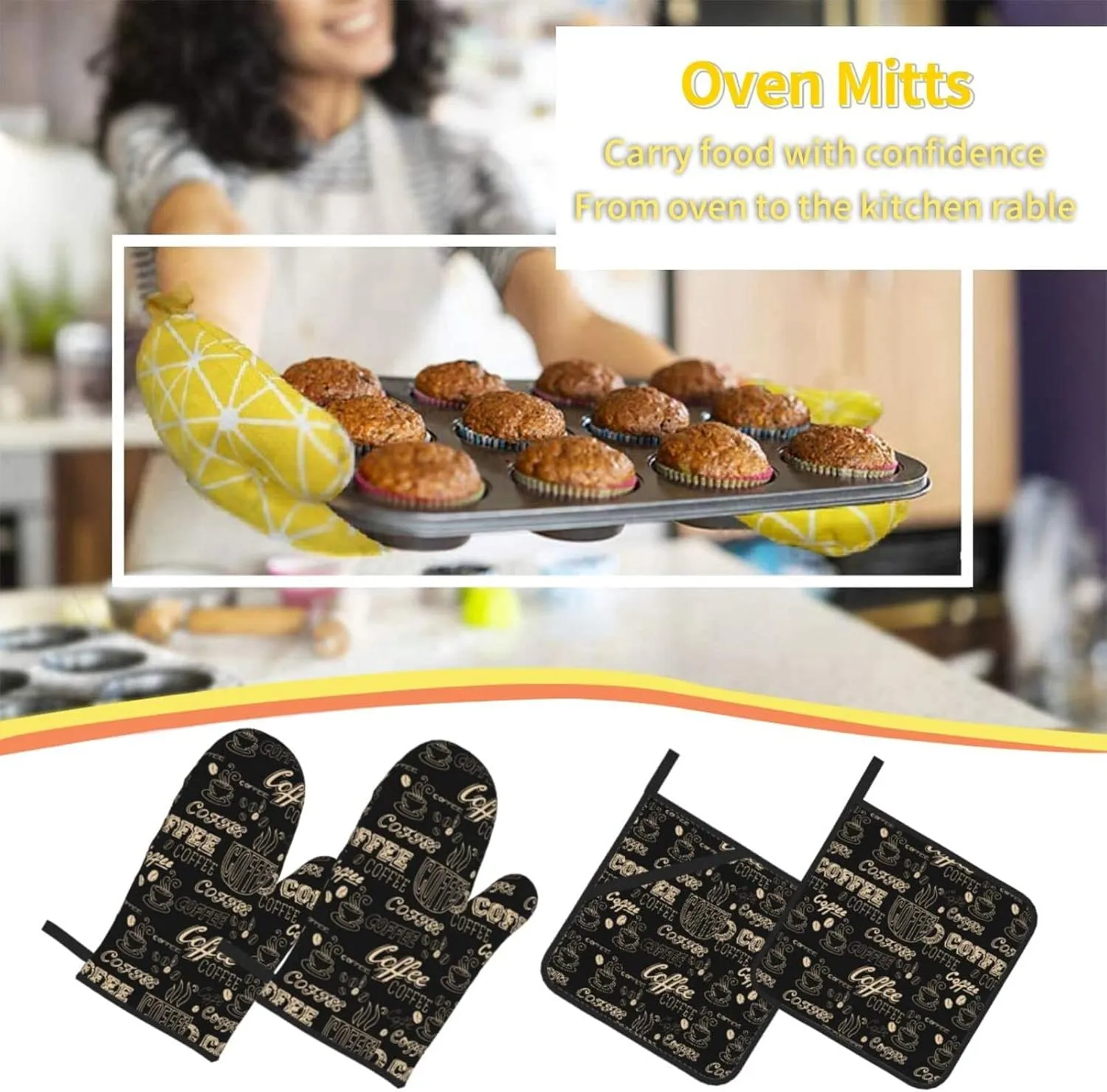 Oven Mitts and Pot Holders Sets of 4 Coffee Theme Black Kitchen Potholder Gloves Heat Resistant Non-Slip for Chef Baking Cooking Grilling BBQ Mittens
