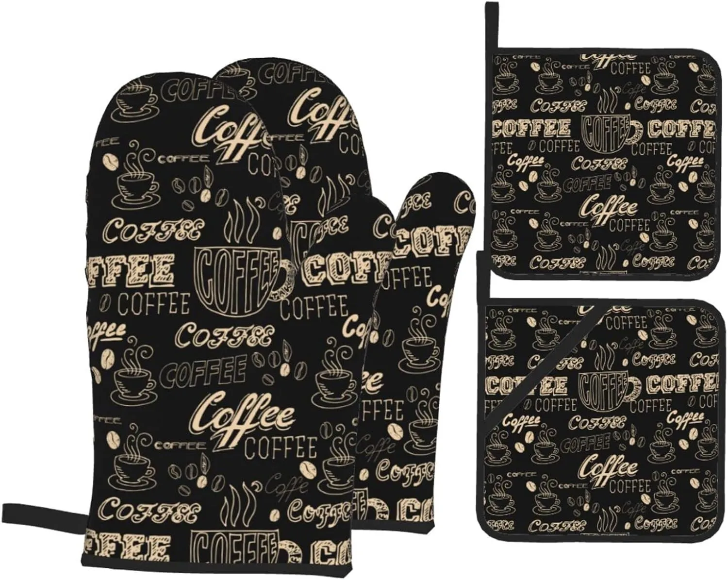 Oven Mitts and Pot Holders Sets of 4 Coffee Theme Black Kitchen Potholder Gloves Heat Resistant Non-Slip for Chef Baking Cooking Grilling BBQ Mittens