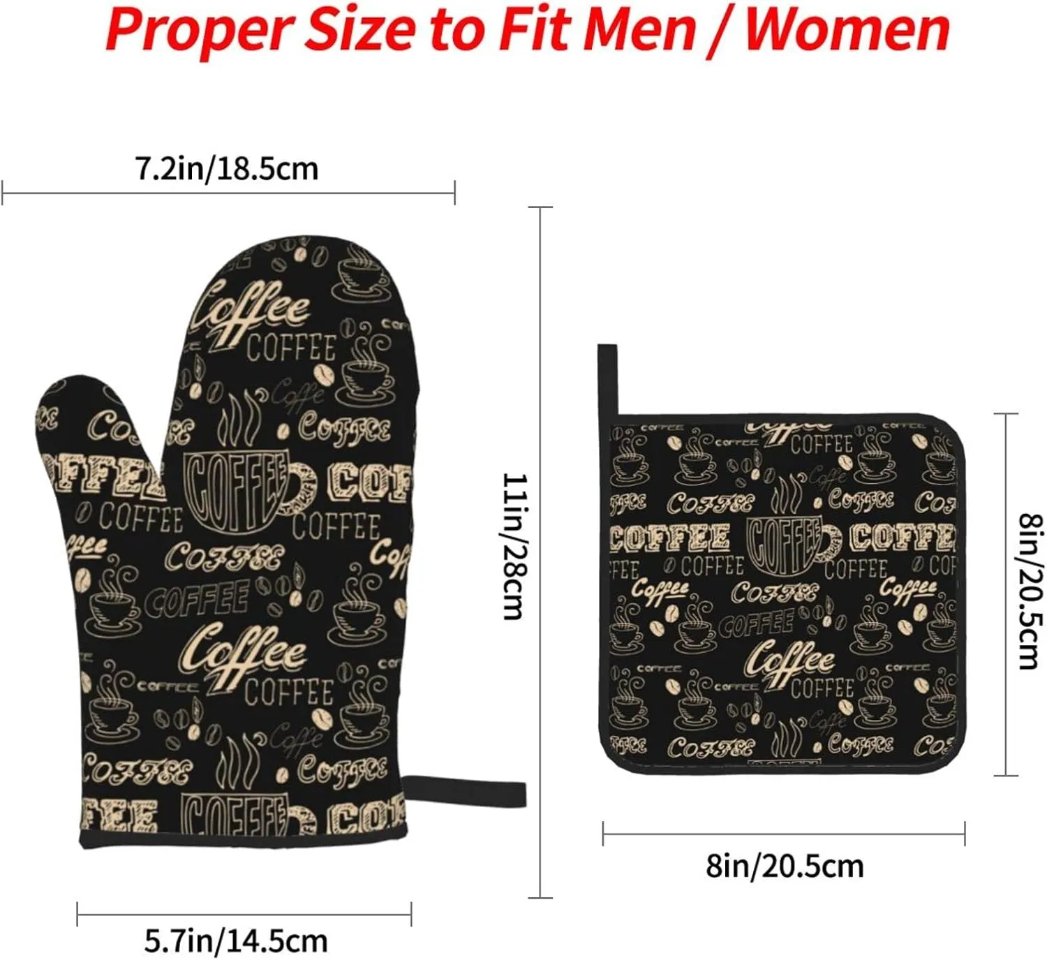 Oven Mitts and Pot Holders Sets of 4 Coffee Theme Black Kitchen Potholder Gloves Heat Resistant Non-Slip for Chef Baking Cooking Grilling BBQ Mittens