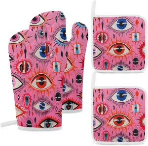 Oven Mitts and Pot Holders Sets of 4 Heat Resistant Non-Slip Oven Gloves and Potholder Wilderness Style Eyes Oven Mitts Waterproof Cooking Hot Pads for Kitchen Baking Grilling BBQ
