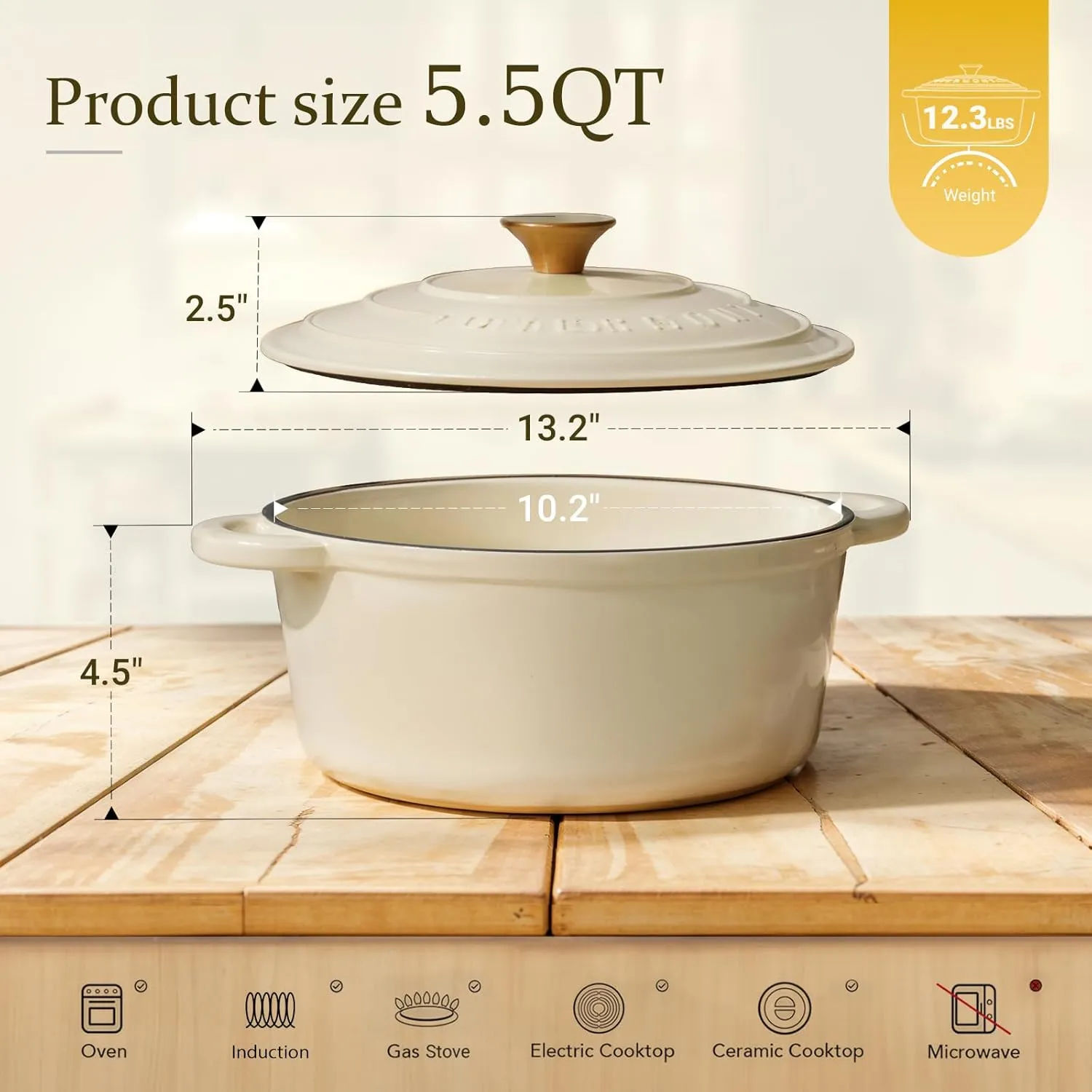 Overmont Enameled Cast Iron Dutch Oven - 5.5QT Pot with Lid Cookbook & Cotton Potholders - Heavy-Duty Cookware for Braising, Stews, Roasting, Bread Baking white