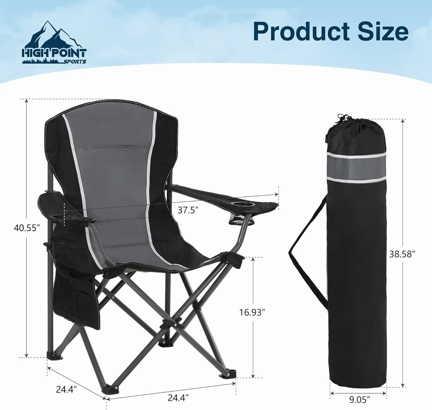 Oversized Camping Folding Outdoor Chair with Armrest, Collapsible Portable Lawn Chair with Cup Holder for Adults Support 350 LBS, Gray-Black