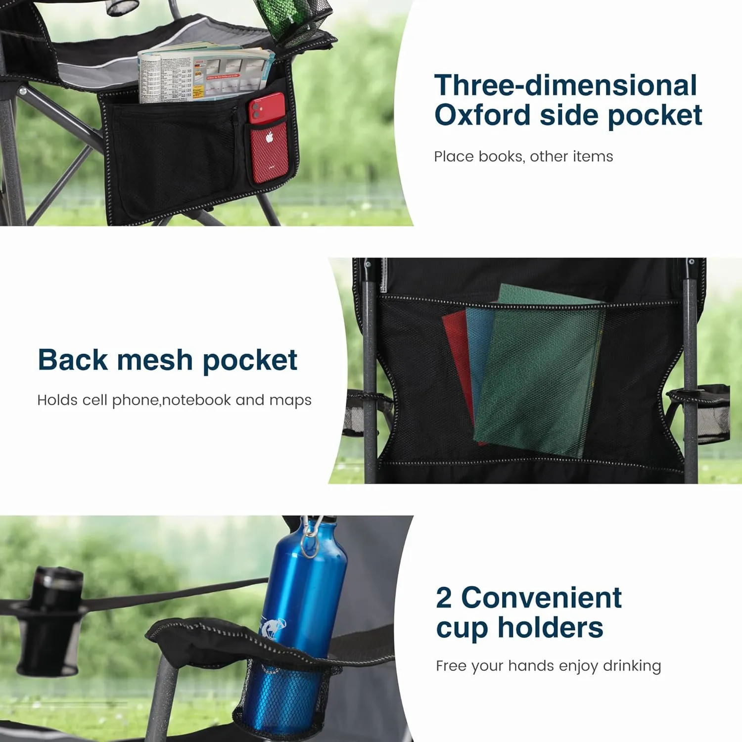 Oversized Camping Folding Outdoor Chair with Armrest, Collapsible Portable Lawn Chair with Cup Holder for Adults Support 350 LBS, Gray-Black