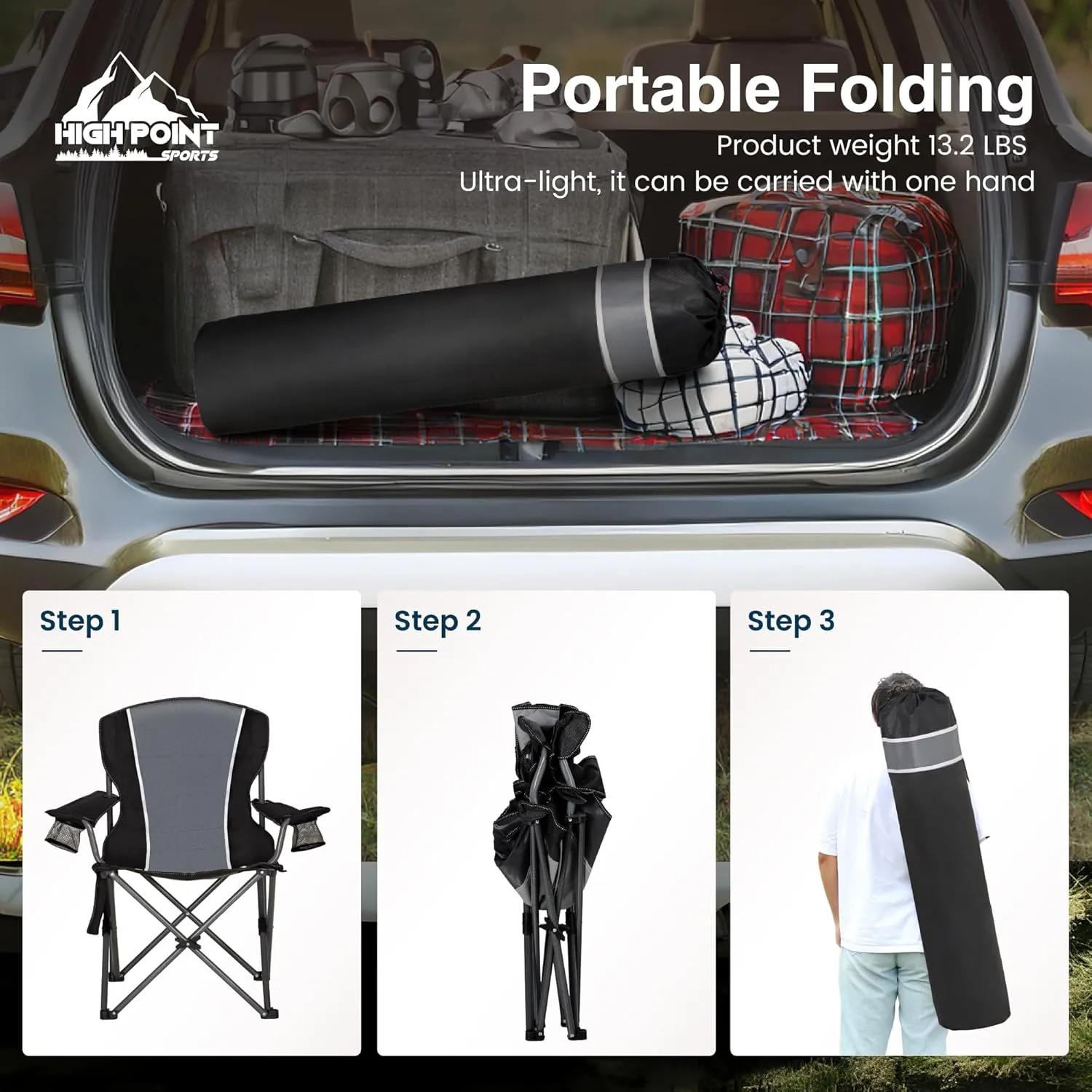 Oversized Camping Folding Outdoor Chair with Armrest, Collapsible Portable Lawn Chair with Cup Holder for Adults Support 350 LBS, Gray-Black