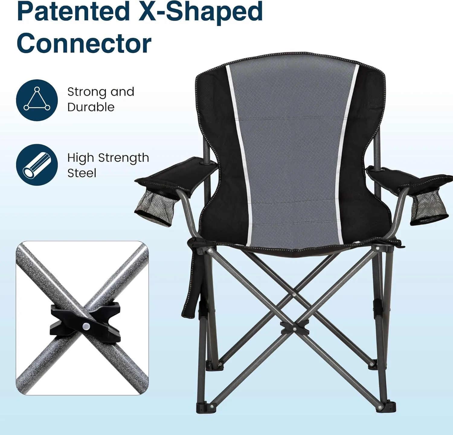 Oversized Camping Folding Outdoor Chair with Armrest, Collapsible Portable Lawn Chair with Cup Holder for Adults Support 350 LBS, Gray-Black