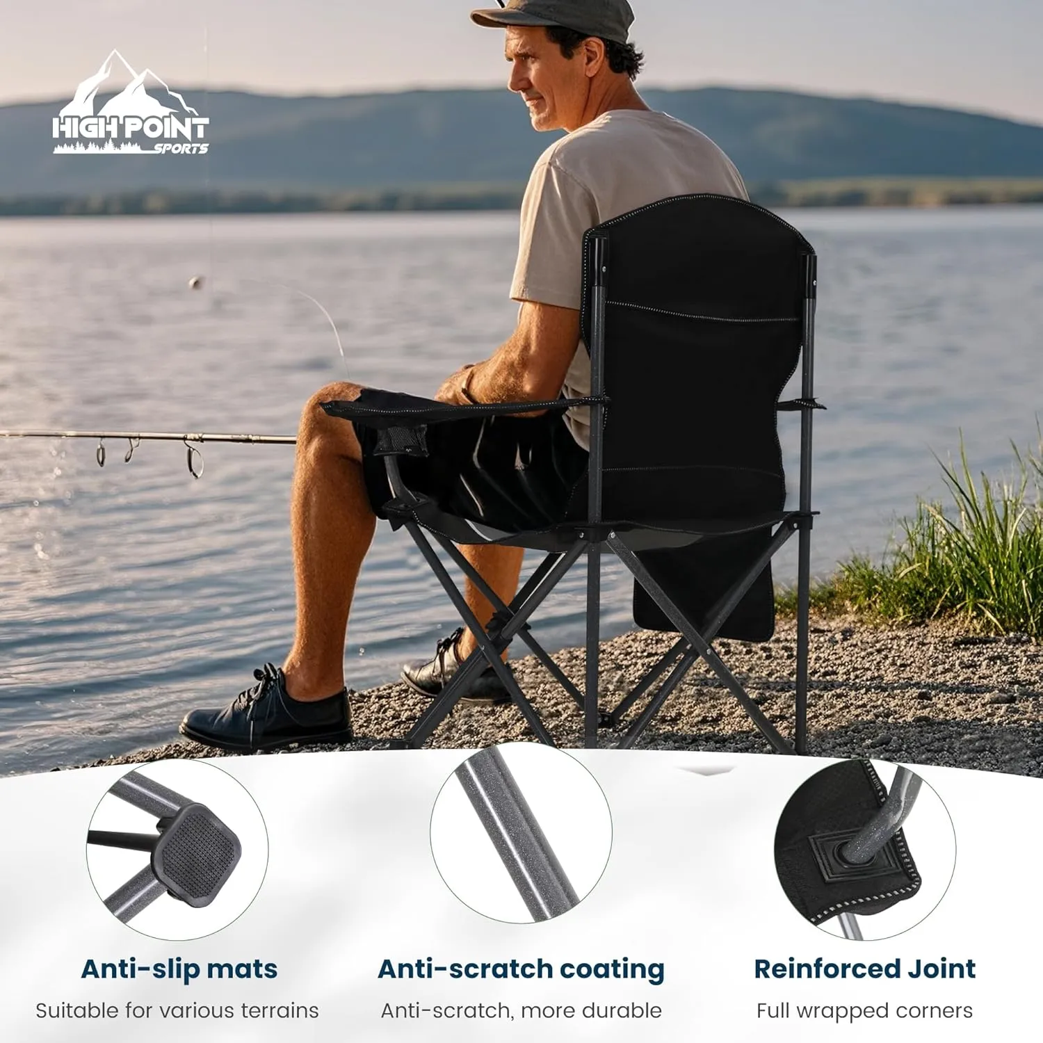Oversized Camping Folding Outdoor Chair with Armrest, Collapsible Portable Lawn Chair with Cup Holder for Adults Support 350 LBS, Gray-Black