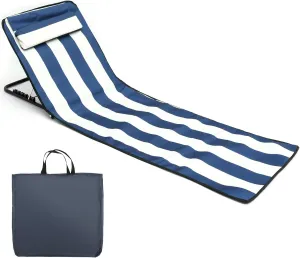 Oxford Cloth Beach Sun Chair Mat, Adjustable Tilt Angle Folding Tanning Mat, Waterproof Lounge Chair with Storage Pocket for Outdoor Camping Garden Park Holidays (Blove & White Splice)