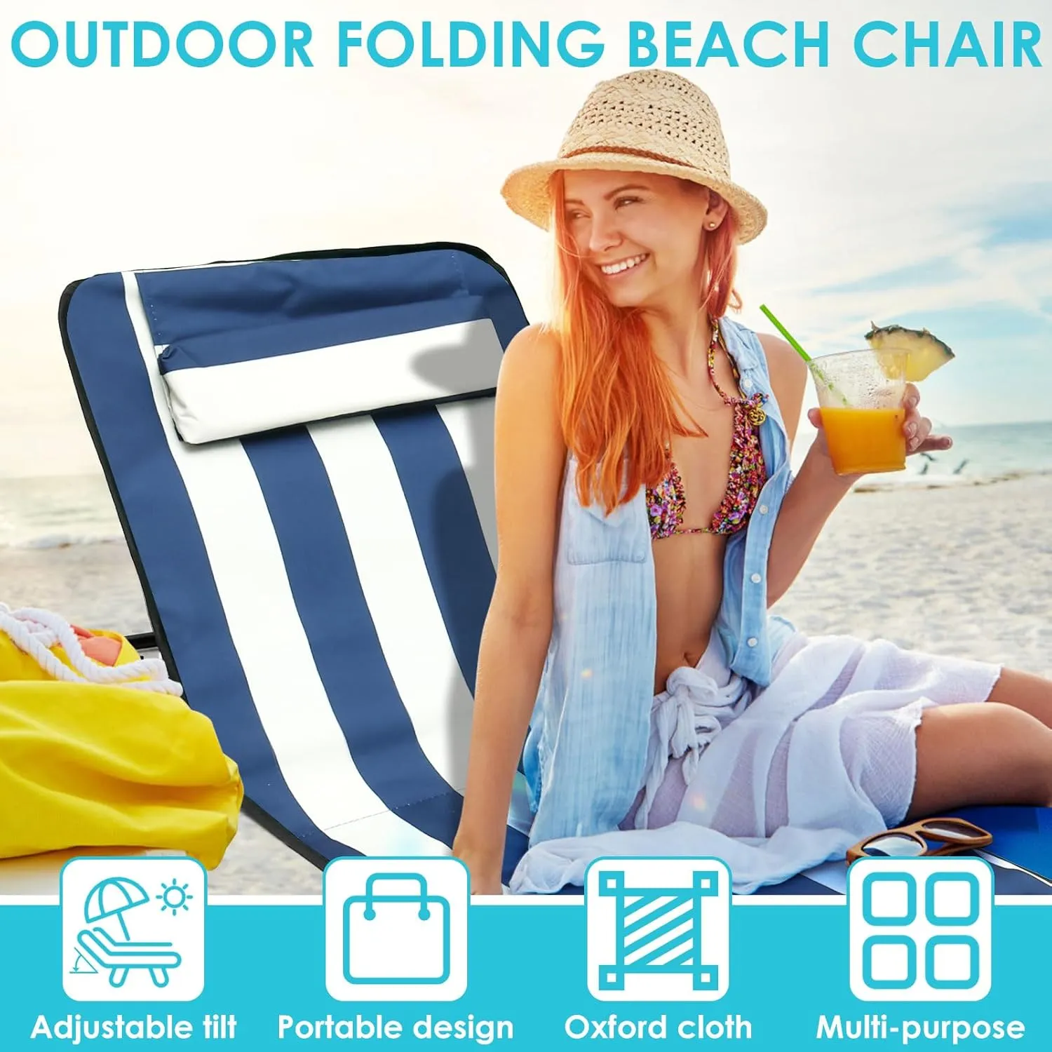 Oxford Cloth Beach Sun Chair Mat, Adjustable Tilt Angle Folding Tanning Mat, Waterproof Lounge Chair with Storage Pocket for Outdoor Camping Garden Park Holidays (Blove & White Splice)