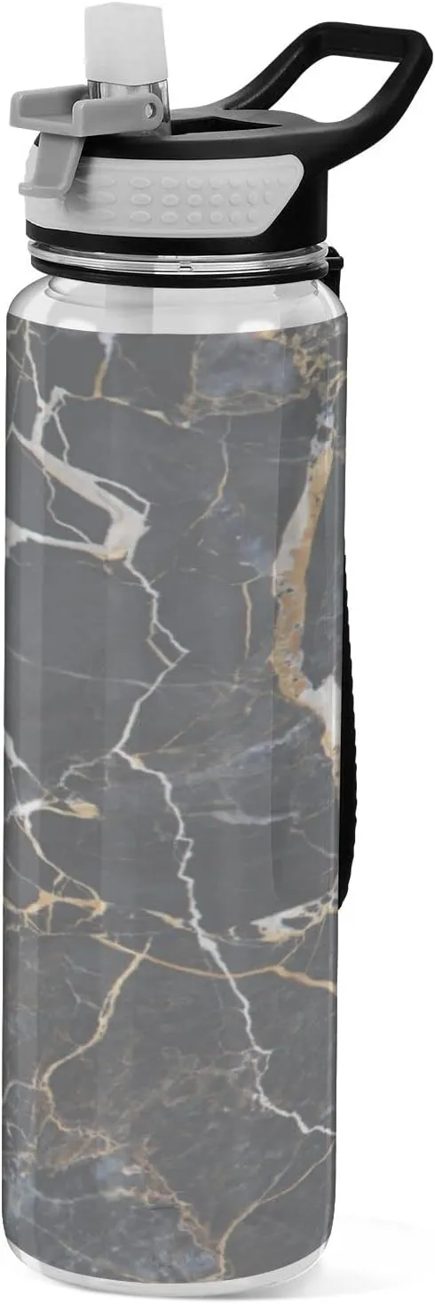 Oyihfvs Black Marble with Yellow and White Veins Agate Ripples Luxury Paint Transparent Sports Water Bottle 32 Oz, with Straw Lid Leakproof Reusable Water Bottle, Water Bottle for Fitness Gym Outdoor